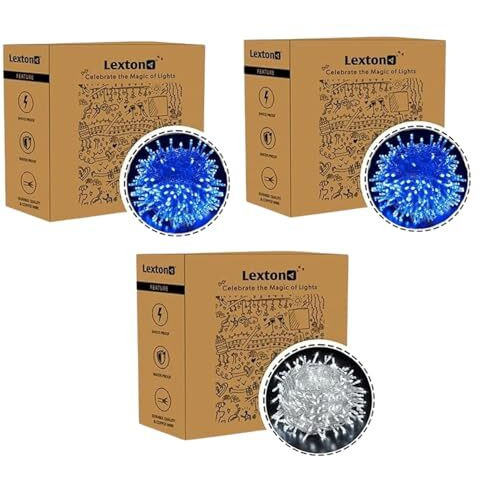 Lexton Indian Cricket Combo of 2 Pcs Blue & 1 Pcs White 36ft String Light | Decoration Lighting Bulbs Ladi for Diwali, Christmas, Eid, Birthday, Wedding | Suitable Indoor & Outdoor (Set of 3)