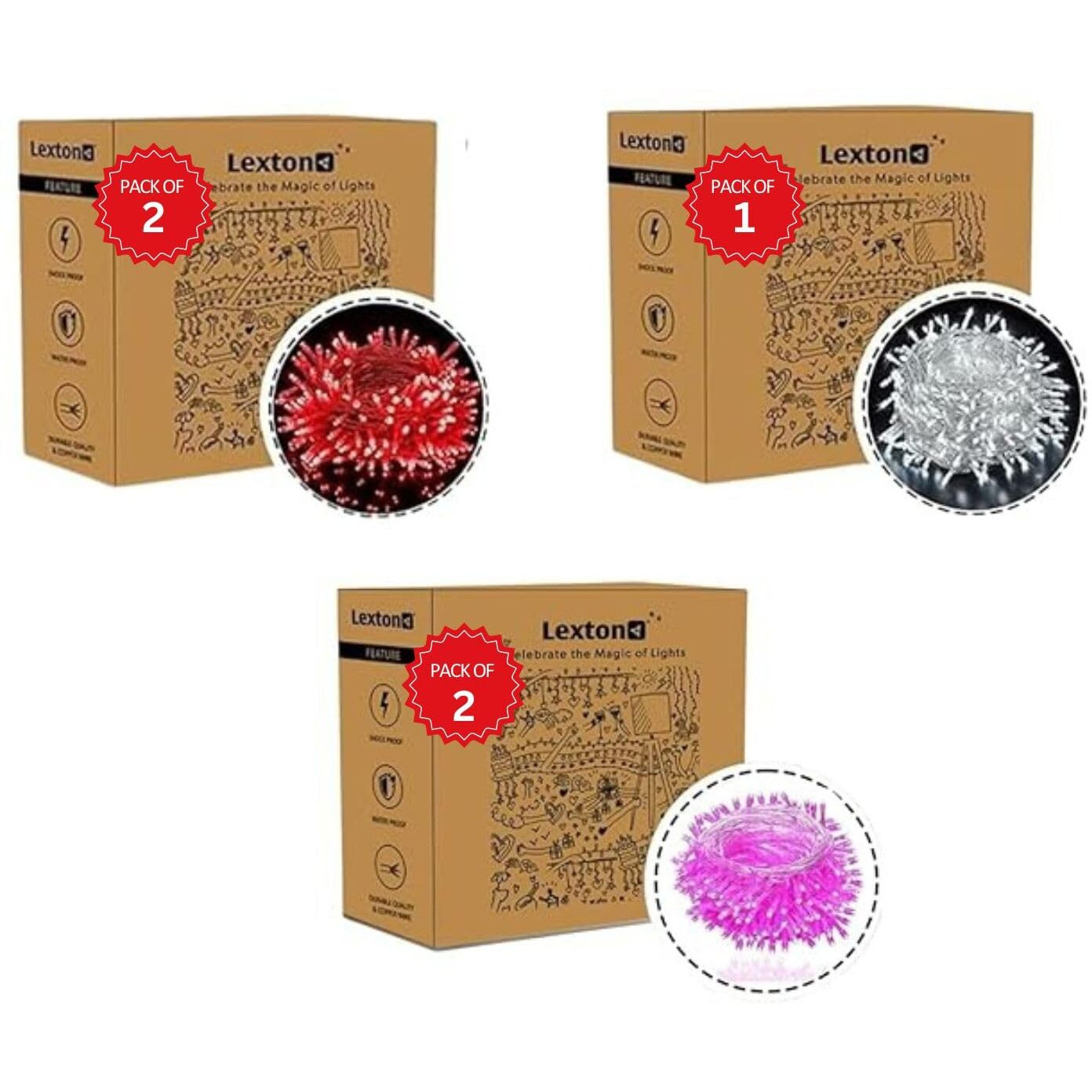 Lexton Love Combo of 2Pcs Red, 2Pcs Pink & 1Pcs White 40ft String Light | Decoration Lighting Bulbs Ladi for Diwali, Christmas, Eid, Birthday, Wedding | Suitable Indoor & Outdoor(Set of 5)