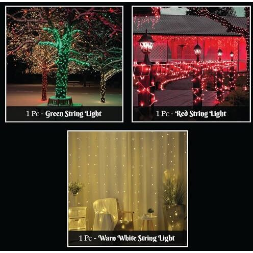Lexton Traffic Combo of 1Pcs Red, 1Pcs Green & 1Pcs Warm White 40ft String Light | Decoration Lighting Bulbs for Diwali, Christmas, Eid, Birthday, Wedding | Suitable Indoor & Outdoor(Set of 3)