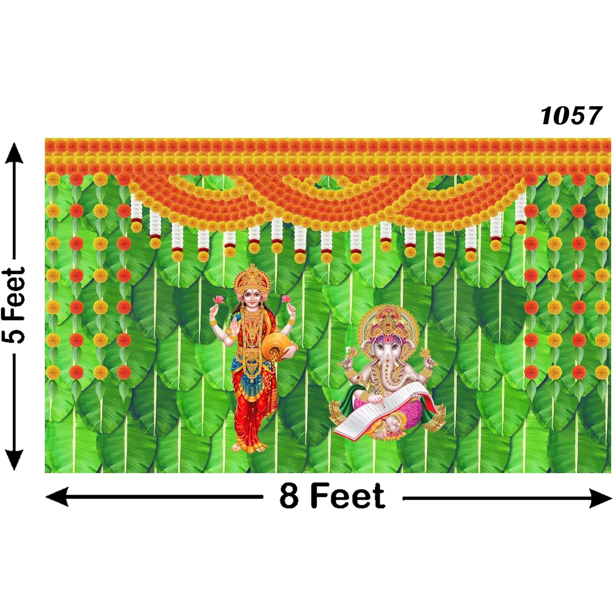 Ashvath Fashion Banana Leaf and Flower with Goddess Laxmi MATA and ganeshji Design Backdrop Cloth for Pooja Decoration Deepavali Festival Diwali Pooja Size 5Feet Height and 8Feet Width(5 * 8)