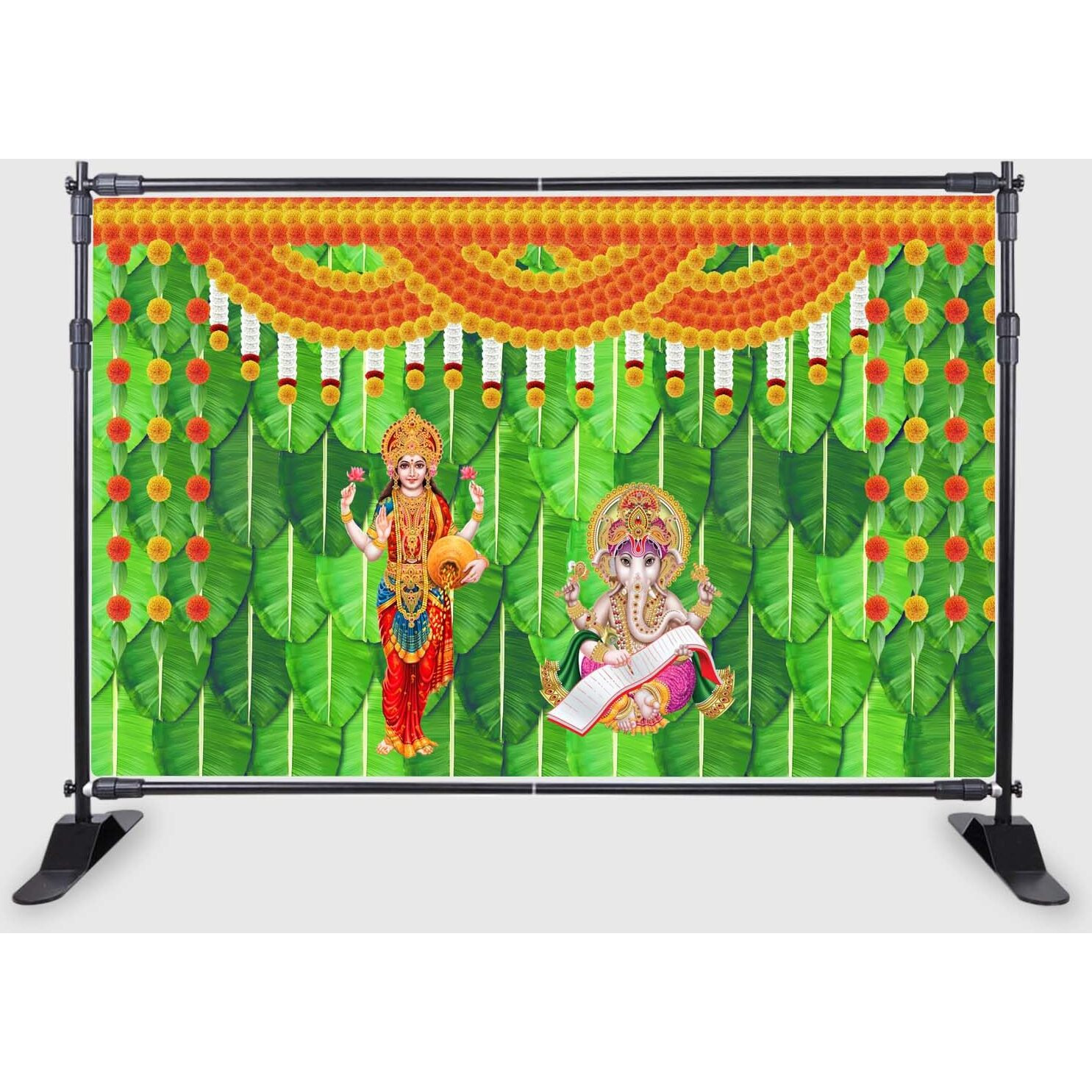 Ashvath Fashion Banana Leaf and Flower with Goddess Laxmi MATA and ganeshji Design Backdrop Cloth for Pooja Decoration Deepavali Festival Diwali Pooja Size 5Feet Height and 8Feet Width(5 * 8)