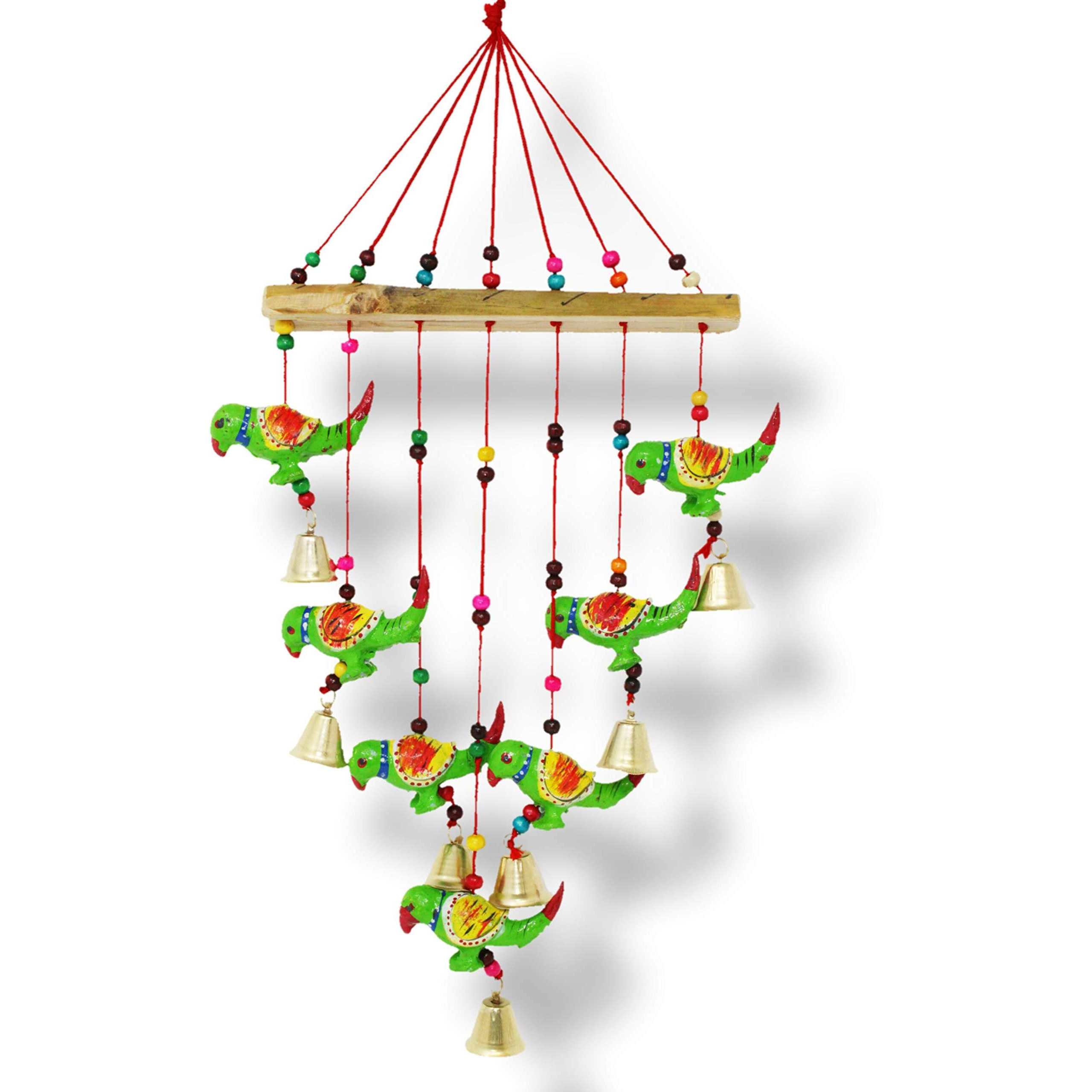 JH Gallery Handcrafted Rajasthani Wind Chime Door/Wall Hanging Decorative Showpiece/Wall Hanging/Home Dcor/Home Furnishing/Diwali Gift/Corporate Gift (Green Parrot)