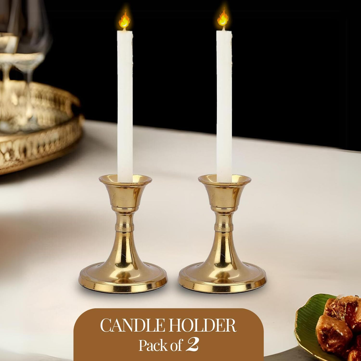 PURESTORY Candle Holder | Candle Holders for Home Decoration | Heat Resistance with Aesthetic Appeal | Best for Gifting & Diwali Decoration | Gold Metal Candle Stand | Size - 3.5 Inch | Pack of 2