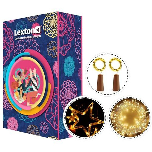 Lexton Combo of 36 Feet LED Decorative String Light & Star Curtain Light & 2pcs- Cork Lights for Festivals Home Decoration Diwali Christmas, Wedding (Warm White, 64 Feet x 3)