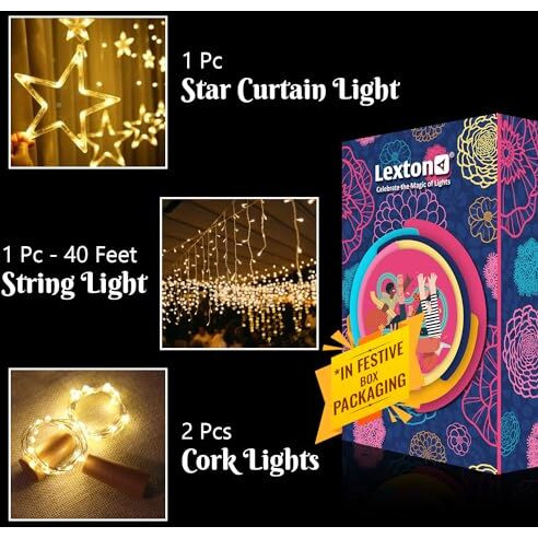Lexton Combo of 36 Feet LED Decorative String Light & Star Curtain Light & 2pcs- Cork Lights for Festivals Home Decoration Diwali Christmas, Wedding (Warm White, 64 Feet x 3)