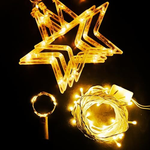 Lexton Combo of 36 Feet LED Decorative String Light & Star Curtain Light & 2pcs- Cork Lights for Festivals Home Decoration Diwali Christmas, Wedding (Warm White, 64 Feet x 3)