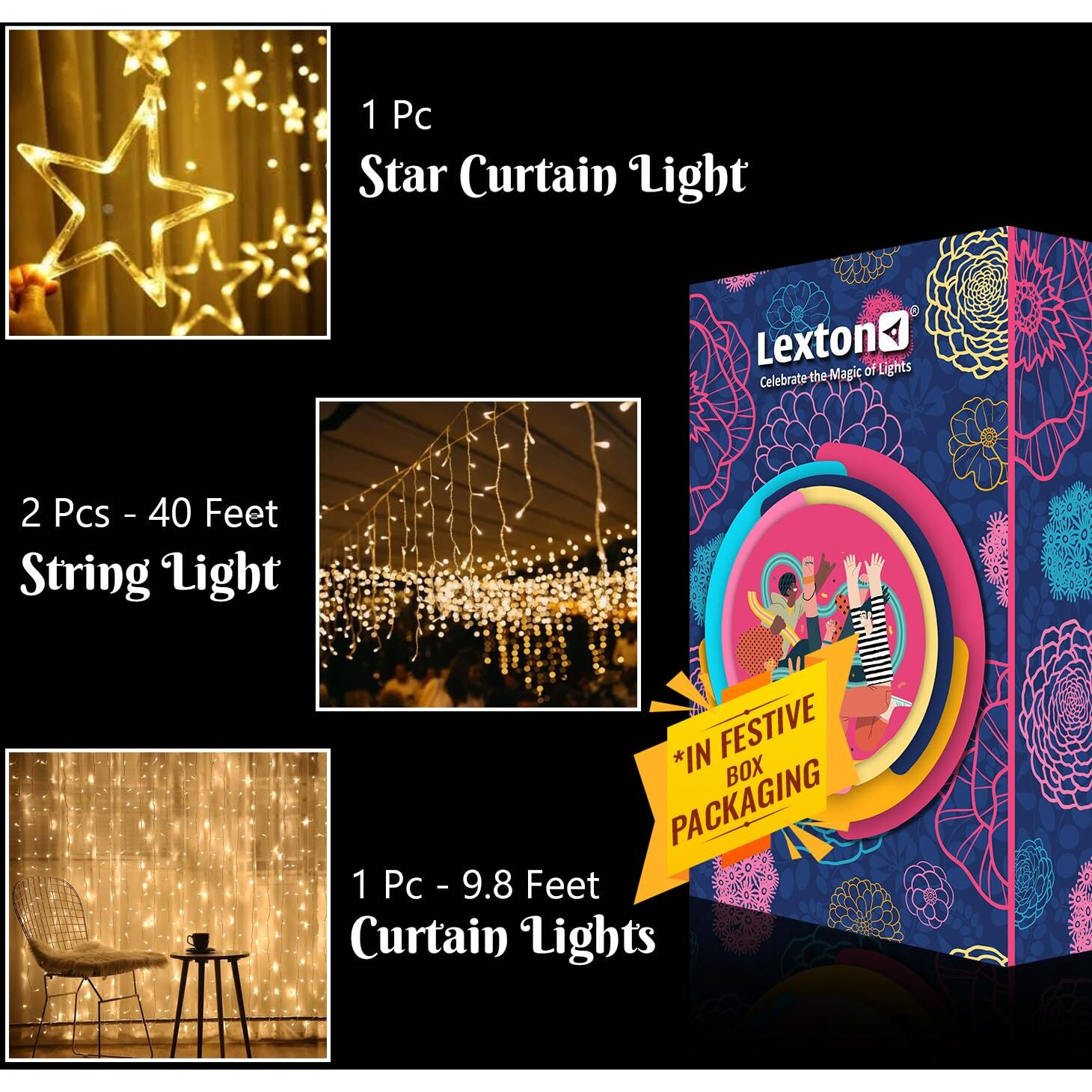 Lexton Combo 190 Led 9.8 Feet Curtain Lights & 2 - Piece 40 Feet LED Decorative String Light & 6 Big Star 6 Small Star Light for Festivals Home Decoration Diwali Christmas, Wedding (Warm White)
