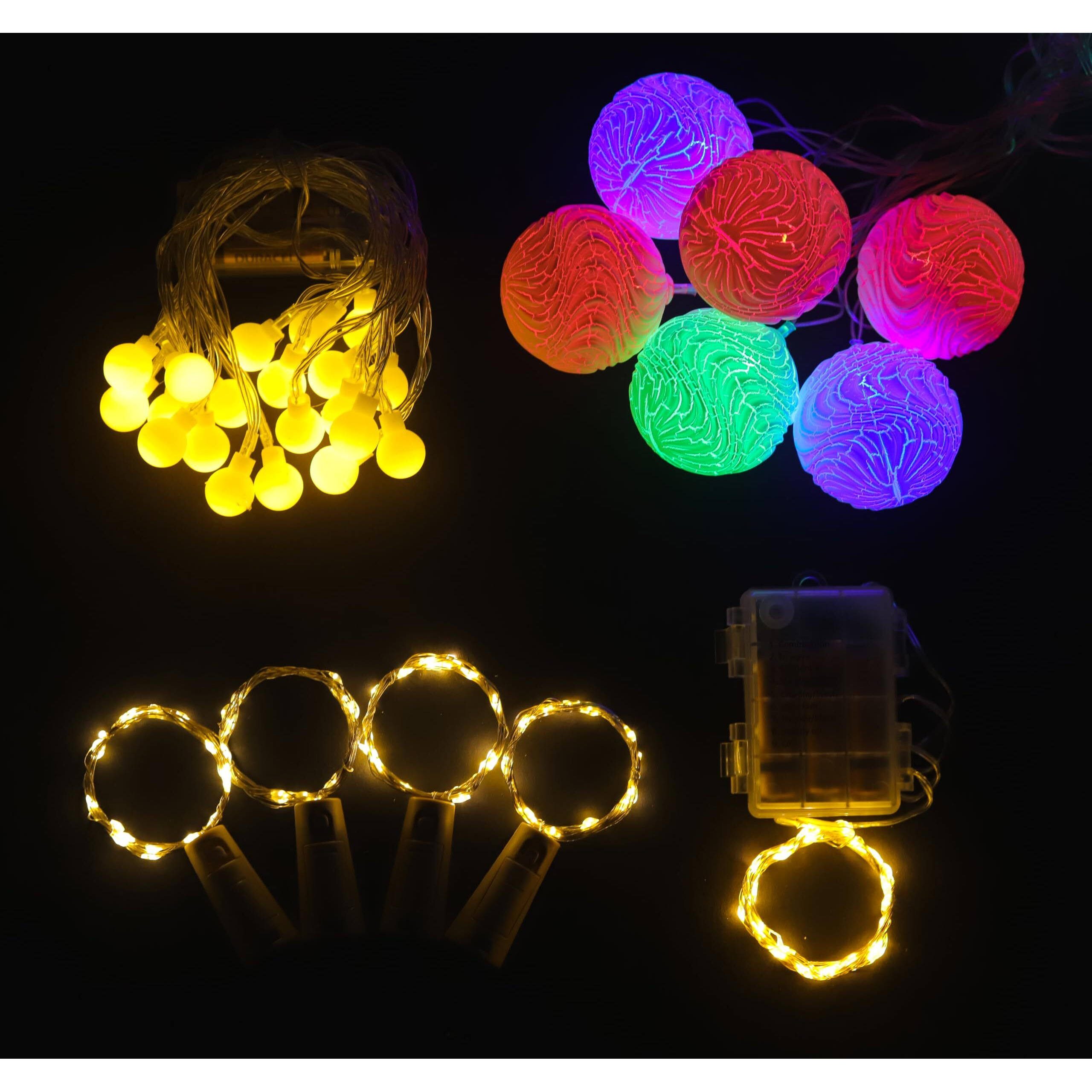 Lexton Lights Combo 1 Pcs White Bulb Light | 1 Pcs Copper Light Powered by Battery Box & Remote | 4 Pcs Bottle Cork Light | 1 Pcs Cotton Ball Light for Decoration, Diwali, Christmas (Warm White)