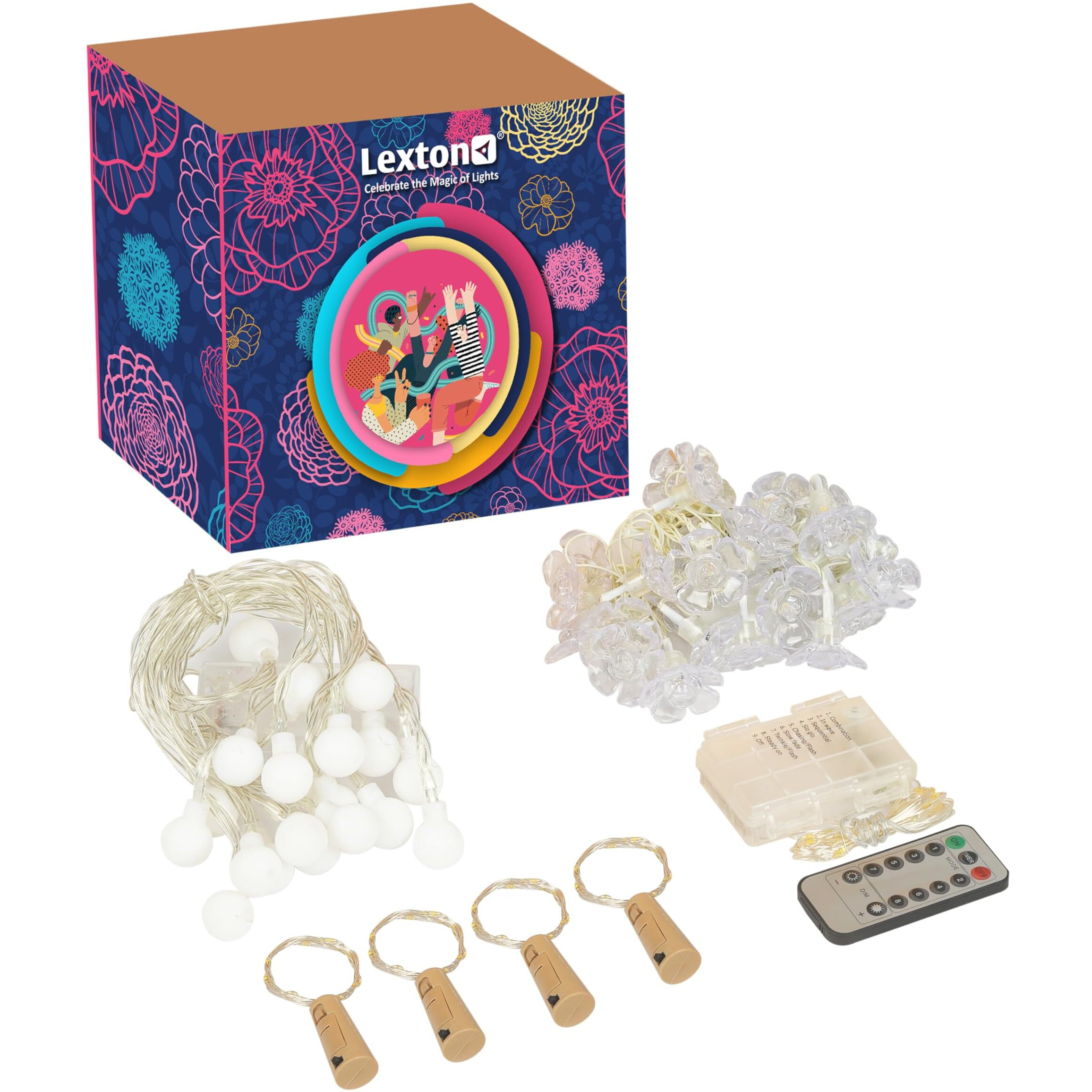Lexton Lights Combo of White Bulb Light 1 Pcs | 1 Pcs Copper Light Powered by Battery Box & Remote | 4 Pcs Cork Light | 1 Pcs Flower Light for Decoration, Diwali, Christmas, Party (Warm White)