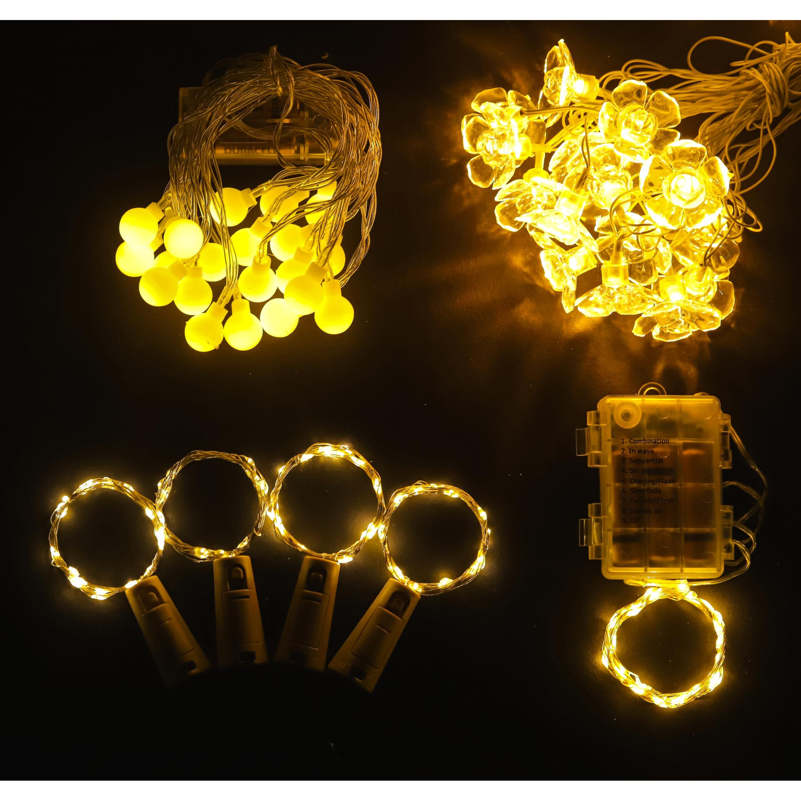 Lexton Lights Combo of White Bulb Light 1 Pcs | 1 Pcs Copper Light Powered by Battery Box & Remote | 4 Pcs Cork Light | 1 Pcs Flower Light for Decoration, Diwali, Christmas, Party (Warm White)