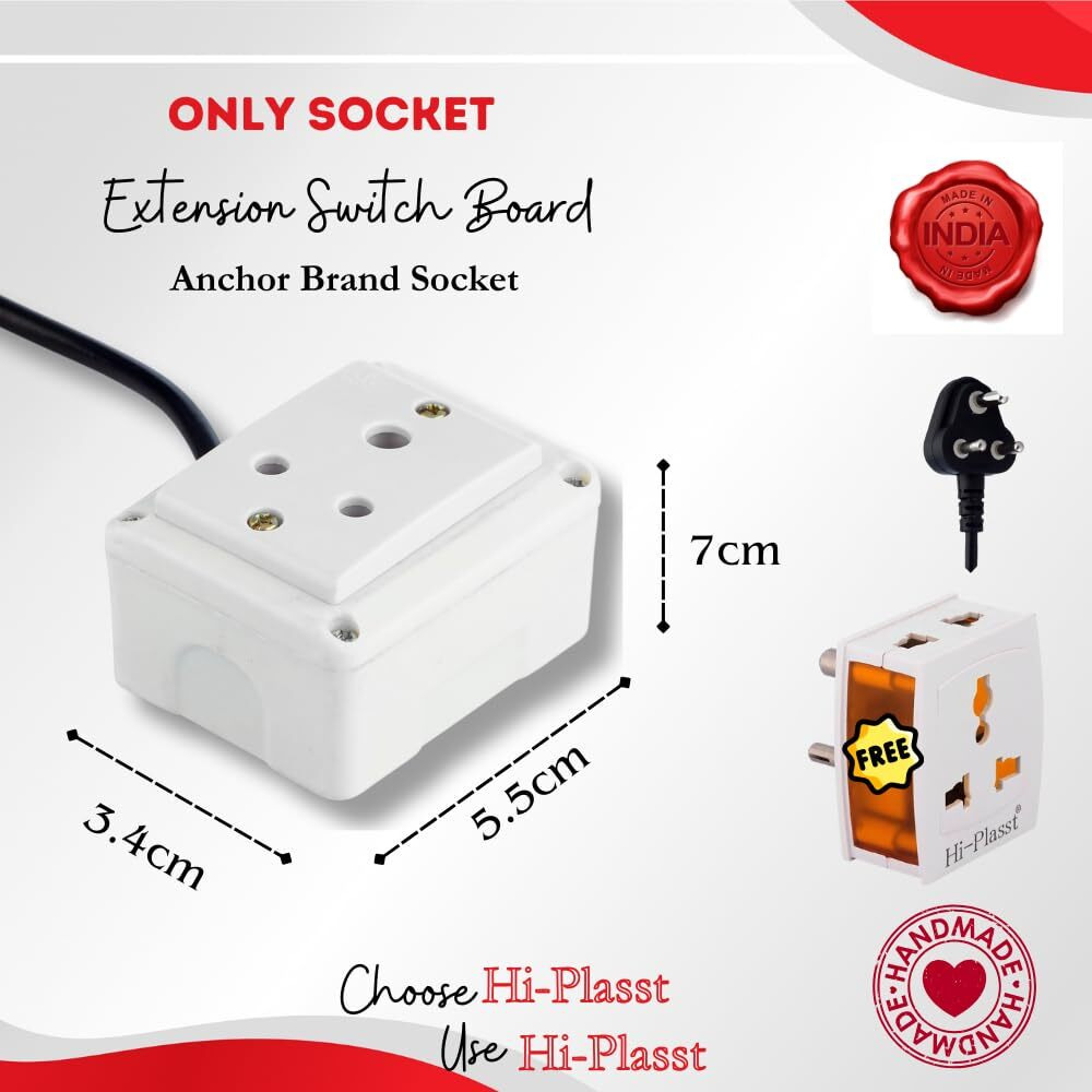 HI PLASST PINS N PLUGS Hi-Plasst Single Socket Extension Switch Board With Long Wire, 4Yard And 6A 3-Pin Top Plug & 3Pin Multiplug For Diwali Lights Balcony Dcor (Only Socket),230Volts