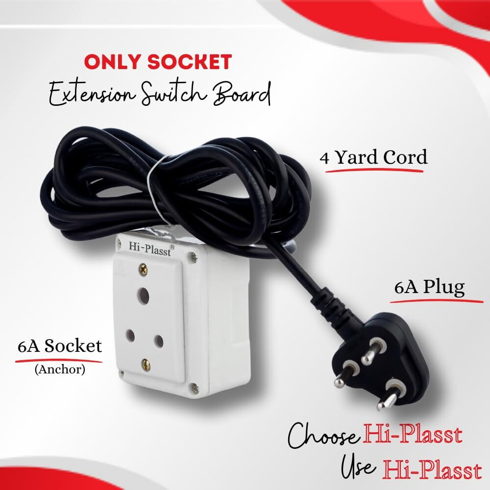 HI PLASST PINS N PLUGS Hi-Plasst Single Socket Extension Switch Board With Long Wire, 4Yard And 6A 3-Pin Top Plug & 3Pin Multiplug For Diwali Lights Balcony Dcor (Only Socket),230Volts