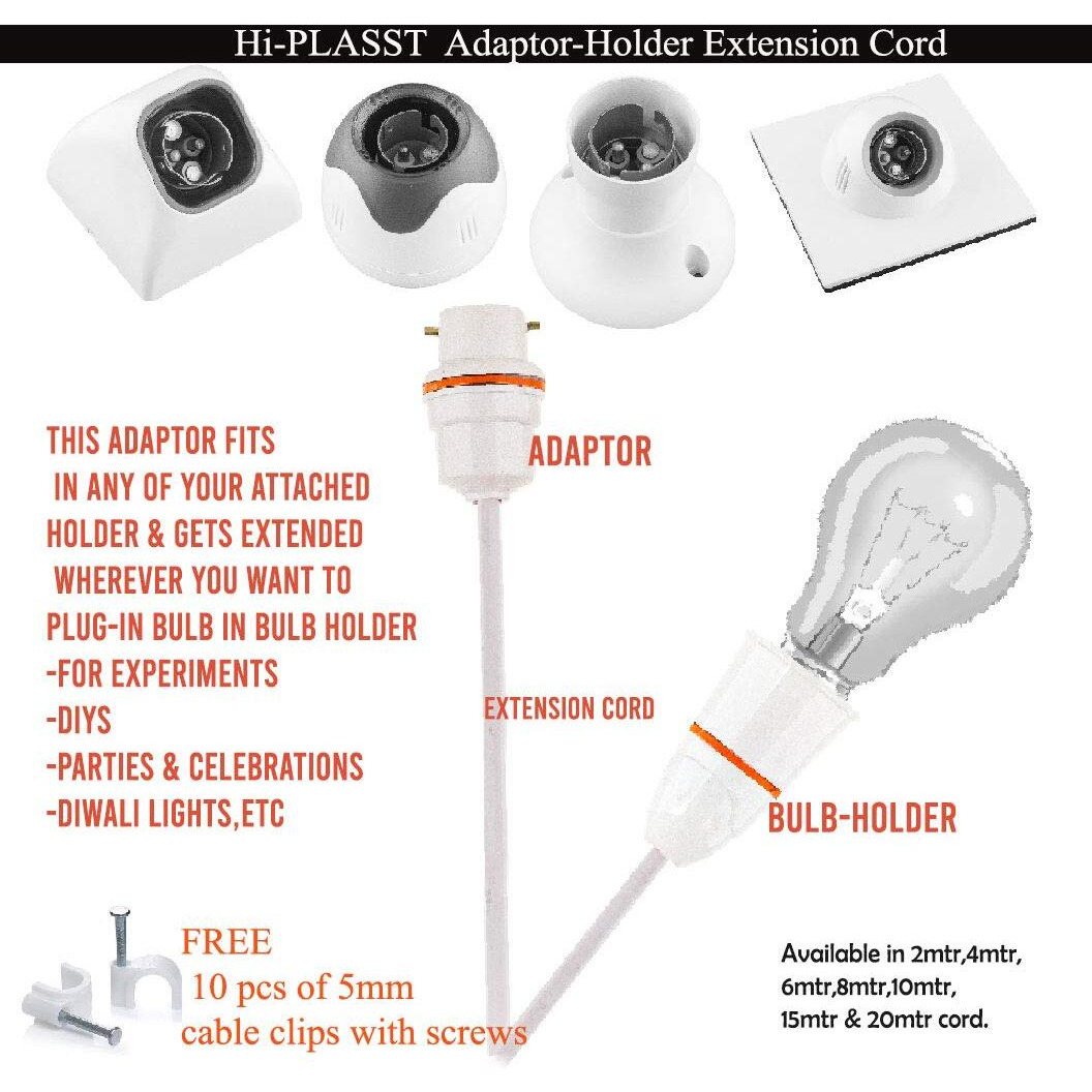 Hi-PLASST Bulb-Holder Adaptor 2core Wire (20 mtr) Flat cord, B-22 socket & Adaptor Plug for Multipurpose Use, Diys, Experiments,Parties,Festive Decorations,Diwali,Christmas,etc