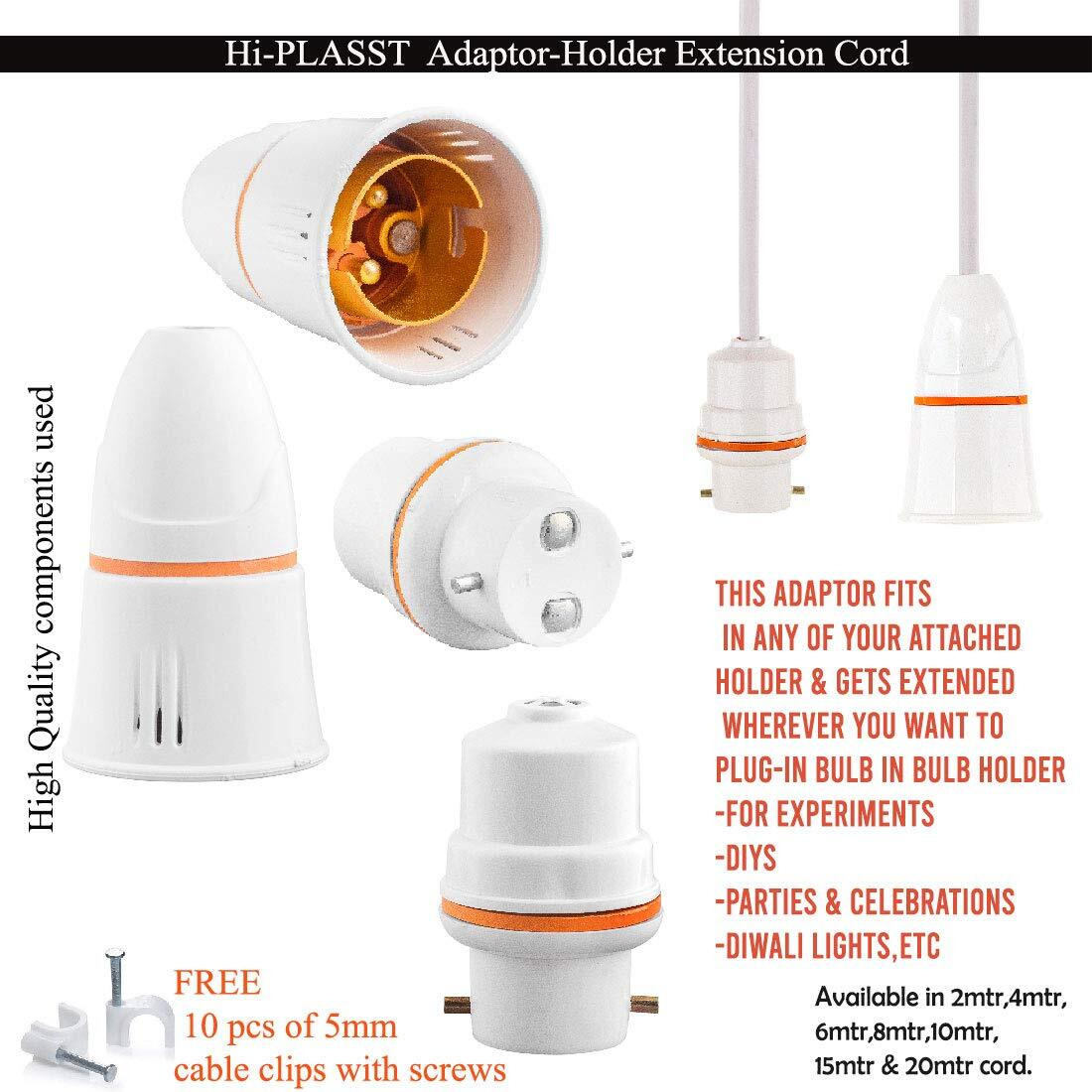 Hi-PLASST Bulb-Holder Adaptor 2core Wire (20 mtr) Flat cord, B-22 socket & Adaptor Plug for Multipurpose Use, Diys, Experiments,Parties,Festive Decorations,Diwali,Christmas,etc