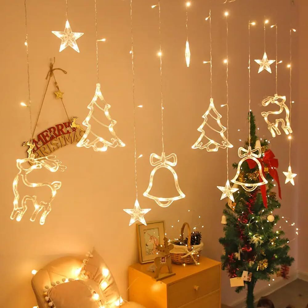 Lexton Window Curtain LED Rice String Lights, 8 Flashing Modes, 5 Star, 2 Christmas Tree, 2 Bell and 1 Christmas Deer Light for Christmas Home Decorations, Festival Diwali (Pack of 1)