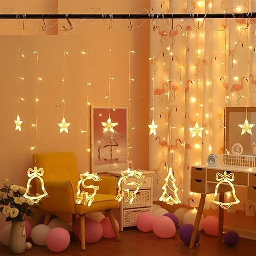 Lexton Window Curtain LED Rice String Lights, 8 Flashing Modes, 5 Star, 2 Christmas Tree, 2 Bell and 1 Christmas Deer Light for Christmas Home Decorations, Festival Diwali (Pack of 1)