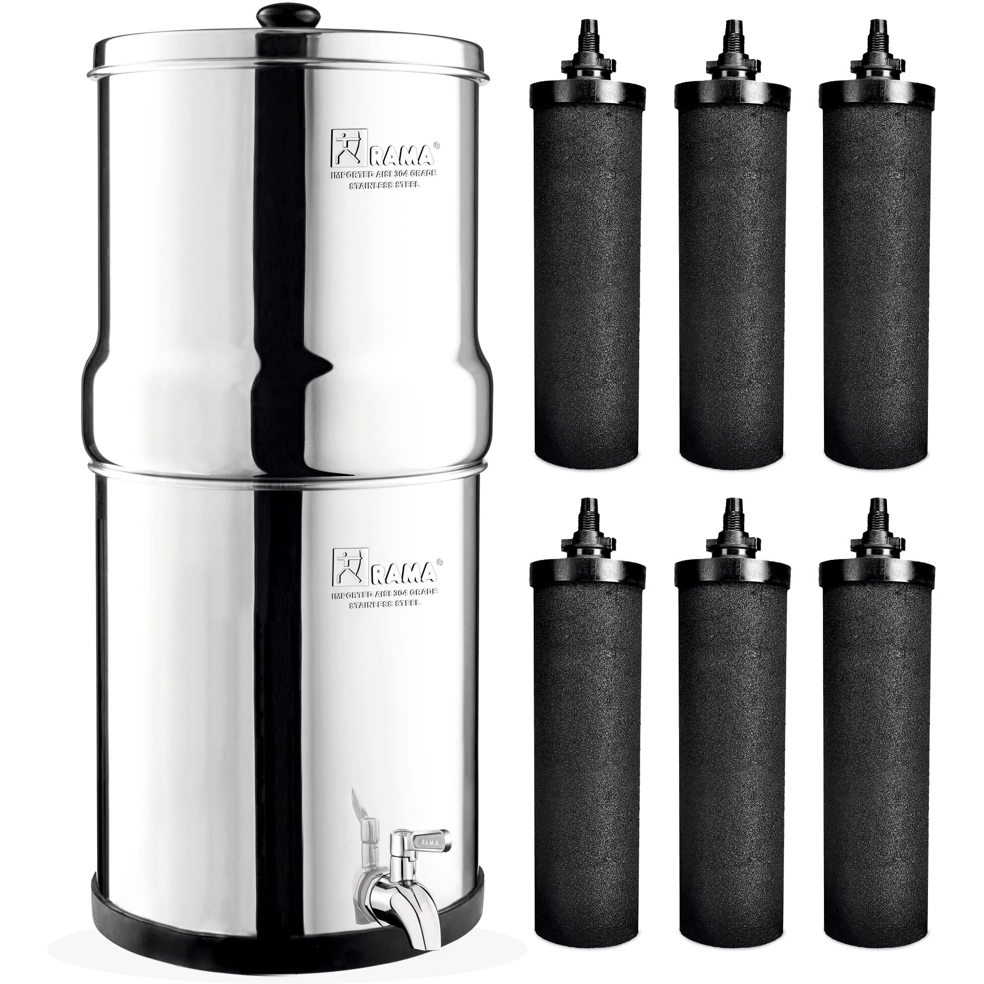 RAMA Gravity Water Filter, 16 Litre Storage (32 Litre Total Capacity) 304 High Grade Stainless Steel Water Purifier for Home, 10 Year Manufacturer Warranty with 6 Carbon Candle and Stainless Steel Tap