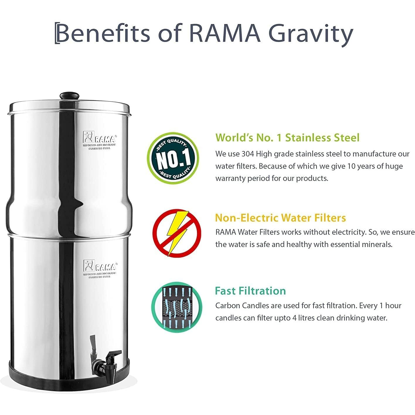 RAMA Spirit 7 Inch Water Filter and Purifier Ceramic Candle with Activated Carbon, 3 Stages of Filtration, Greater Than 4 Log Bacteria Removal, Pack of 4