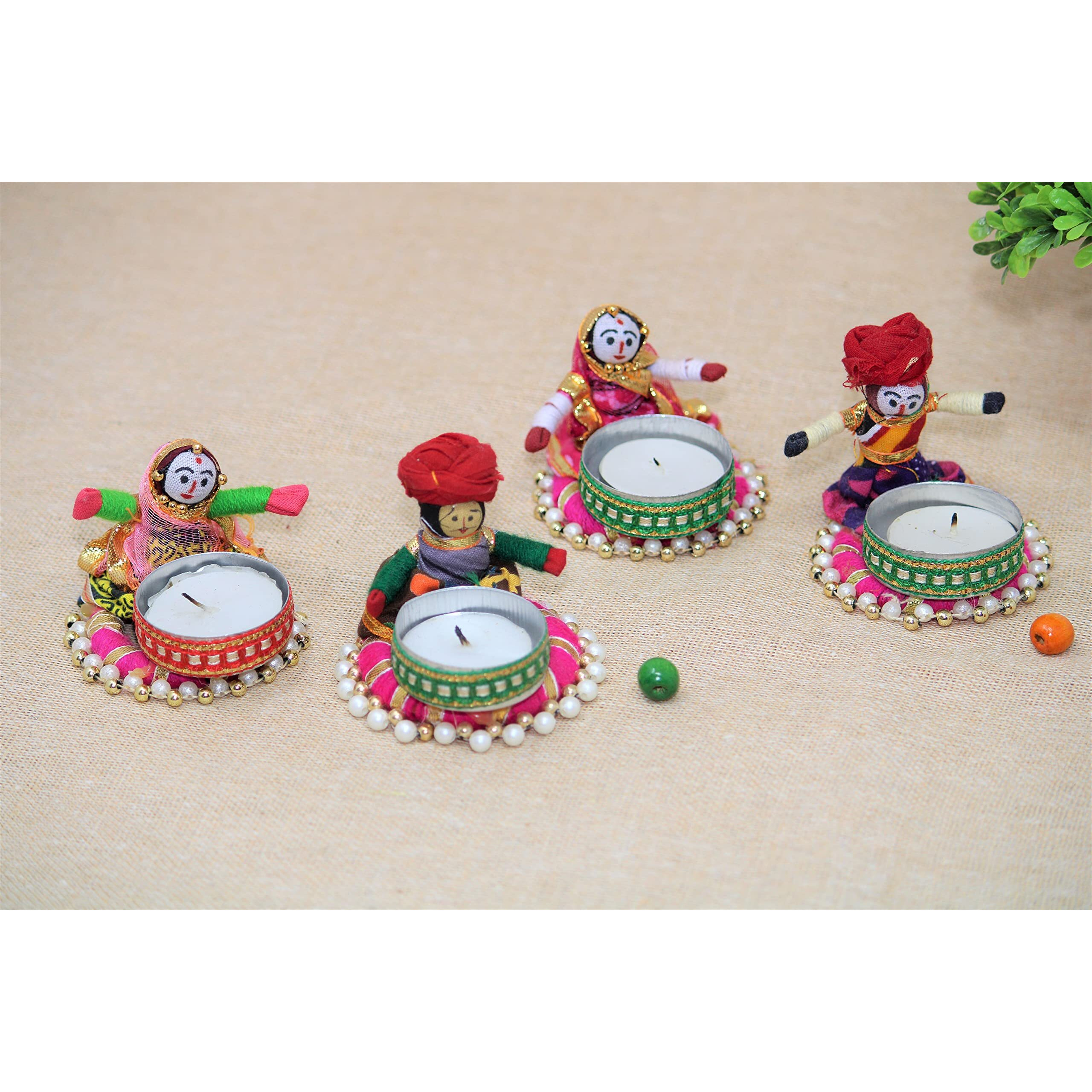 JH Gallery Recycled Martial Rajasthani Dolls Tealight Candle Holder, Multicolor (2 Pair)(4 Candle Holders), Recycled Material