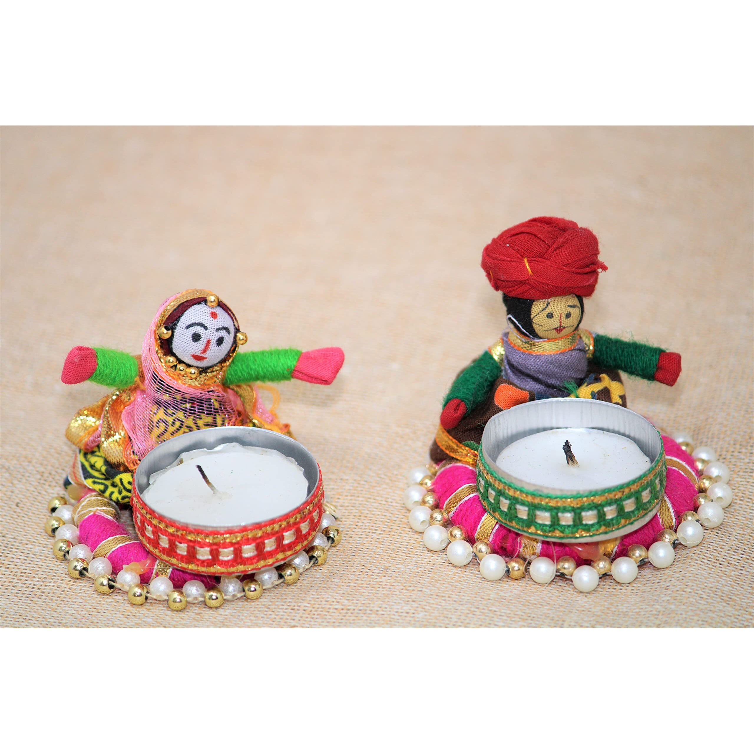 JH Gallery Recycled Martial Rajasthani Dolls Tealight Candle Holder, Multicolor (2 Pair)(4 Candle Holders), Recycled Material