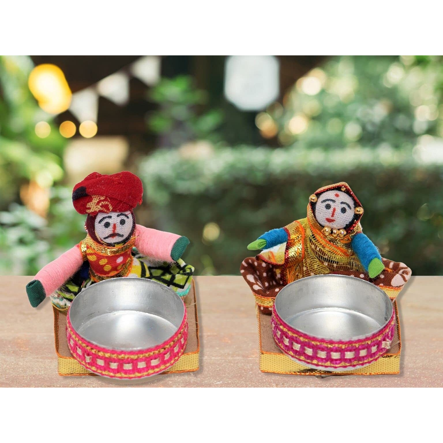 JH Gallery Recycled Martial Rajasthani Dolls Sitting Tealight Candle Holder, Multicolor (2 Pair)(4 Candle Holders)