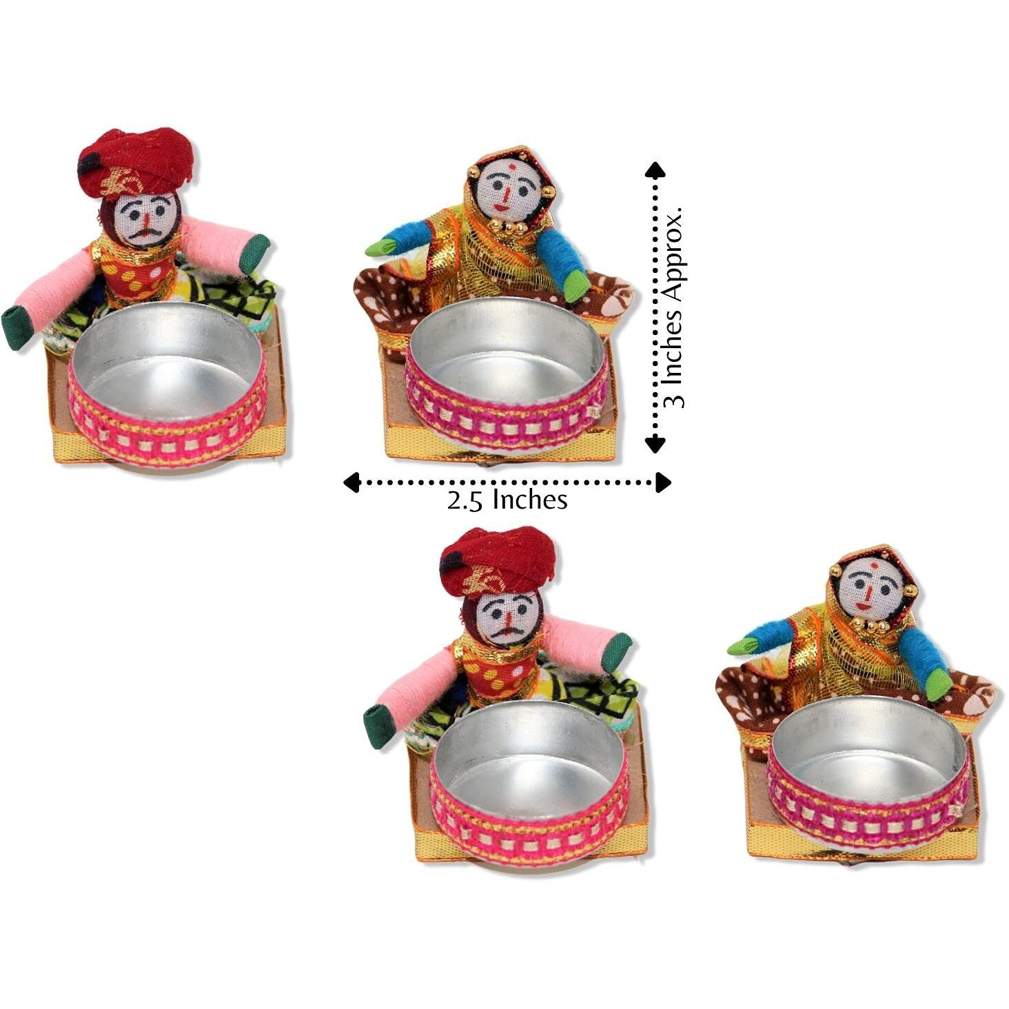 JH Gallery Recycled Martial Rajasthani Dolls Sitting Tealight Candle Holder, Multicolor (2 Pair)(4 Candle Holders)