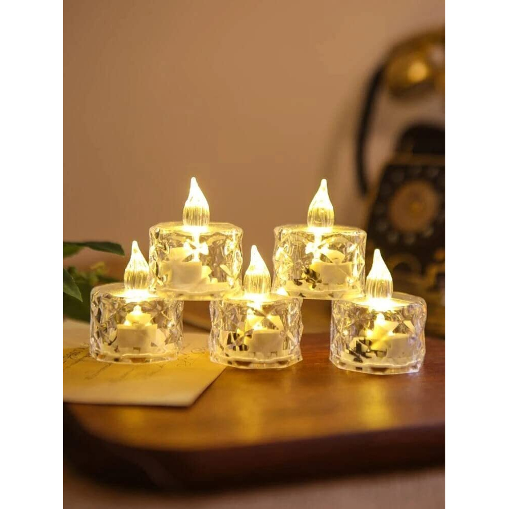 SATYAM KRAFT 6 Pcs Flameless and Smokeless Decorative Crystal Candles Transparent Acrylic Led Tea Light Candle for Decoration (6 Pieces, Yellow, 2 cm)