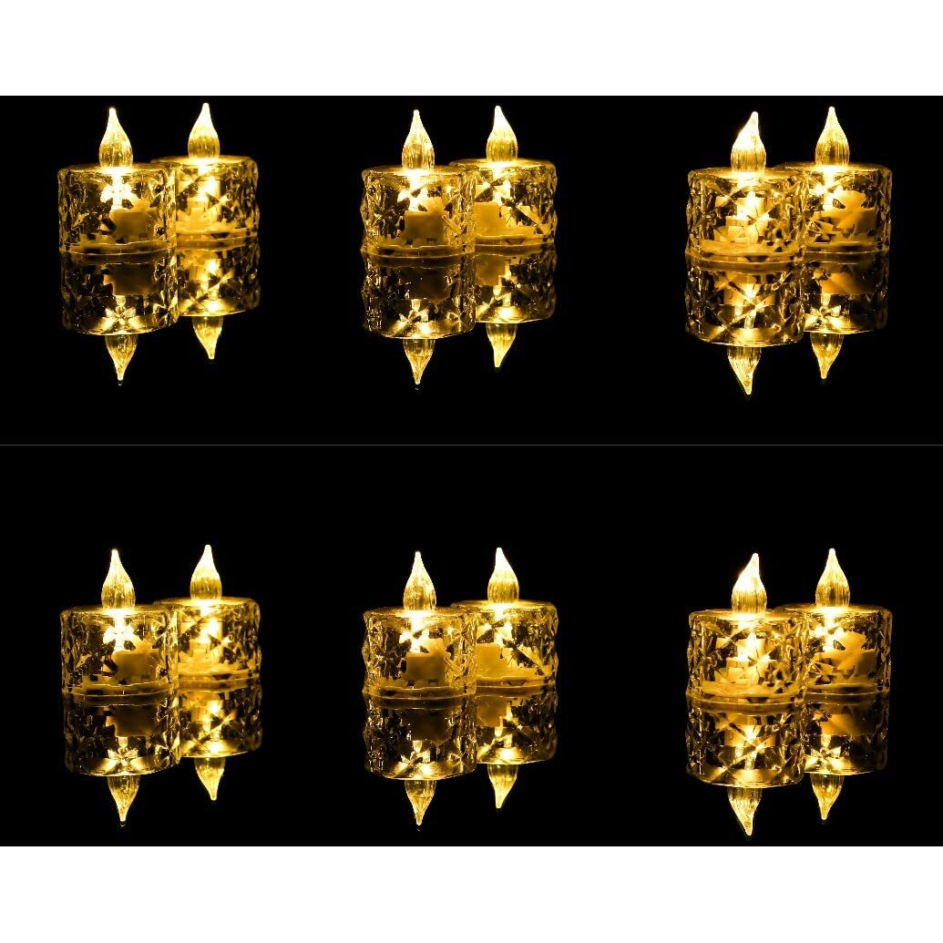 SATYAM KRAFT 12 Pcs Flameless and Smokeless Decorative Crystal Candles Transparent Acrylic Led Tea Light Candle for Decoration (Yellow, 2 cm)