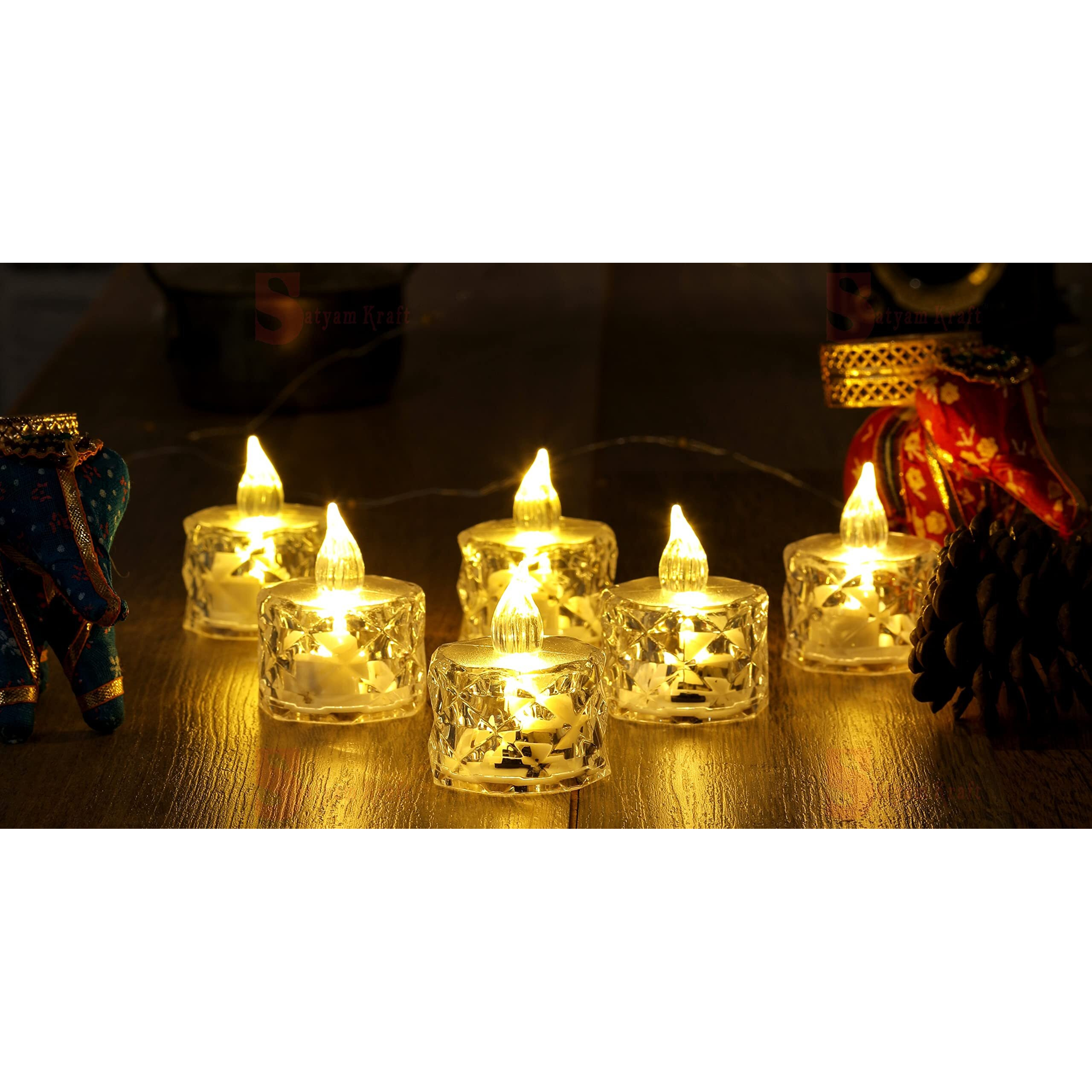 SATYAM KRAFT 12 Pcs Flameless and Smokeless Decorative Crystal Candles Transparent Acrylic Led Tea Light Candle for Decoration (Yellow, 2 cm)