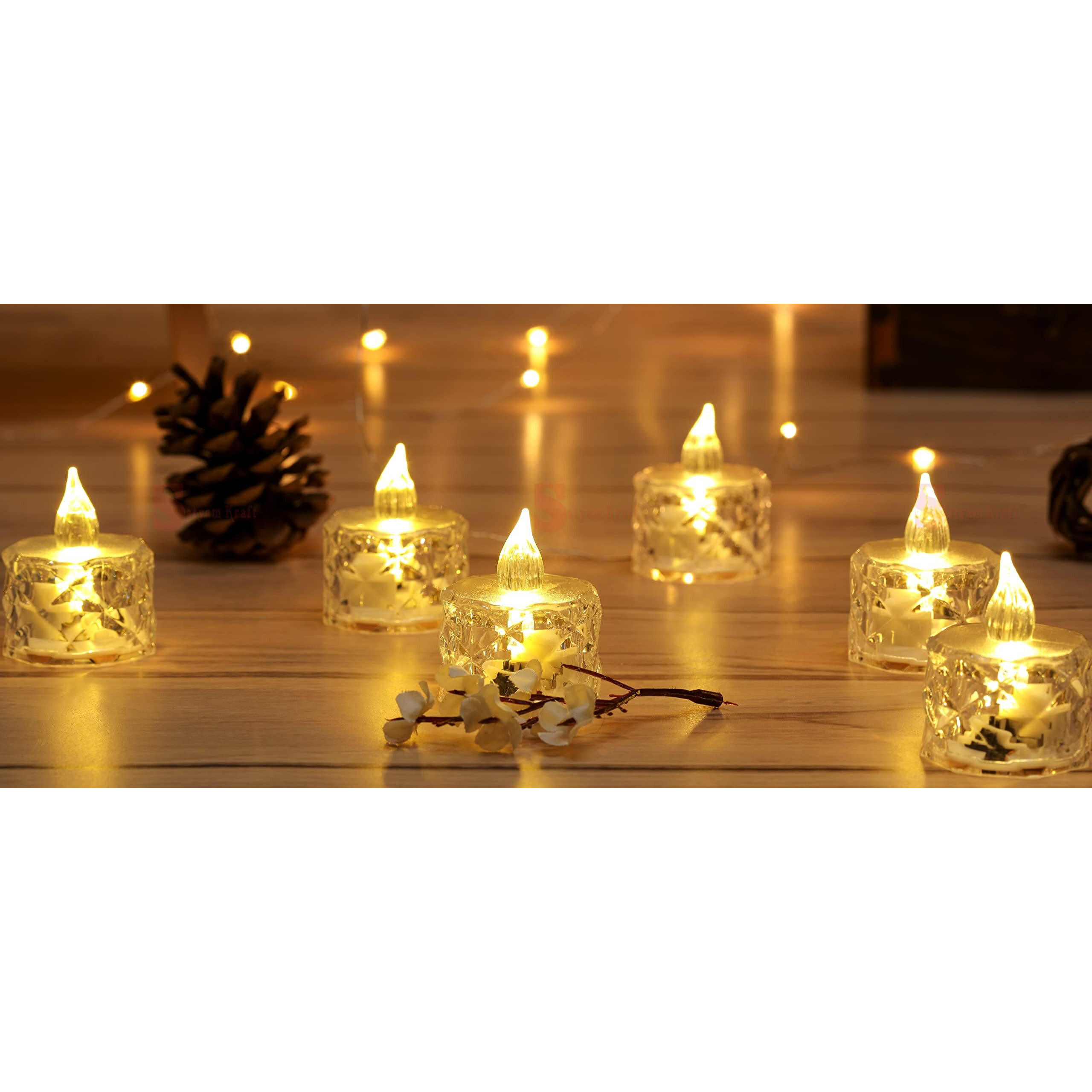SATYAM KRAFT 12 Pcs Flameless and Smokeless Decorative Crystal Candles Transparent Acrylic Led Tea Light Candle for Decoration (Yellow, 2 cm)