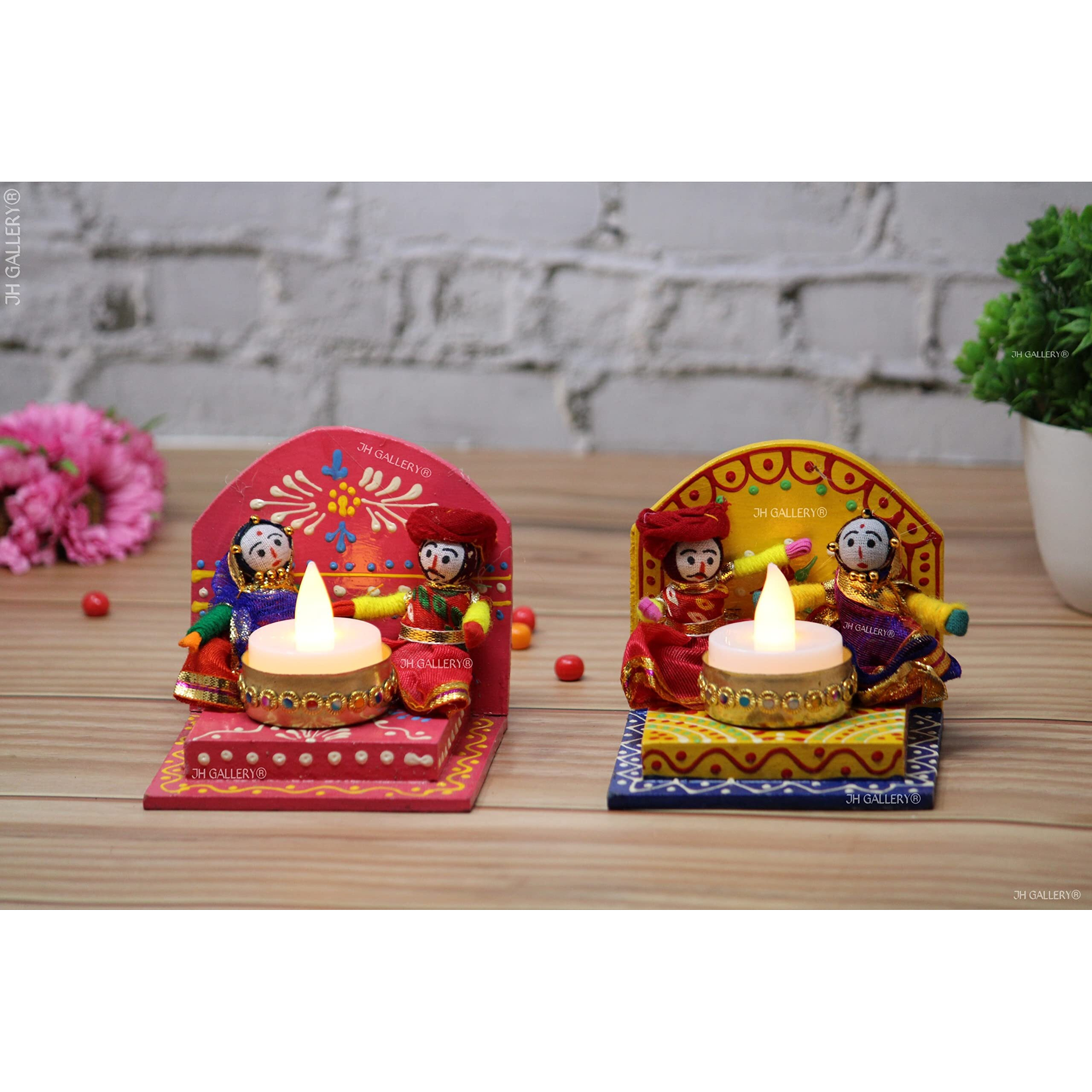 JH Gallery Recycled Material Rajasthani Raja Rani Puppet/Dolls Decorative Wooden Based Tealight Candle Holder (Pack of 2)