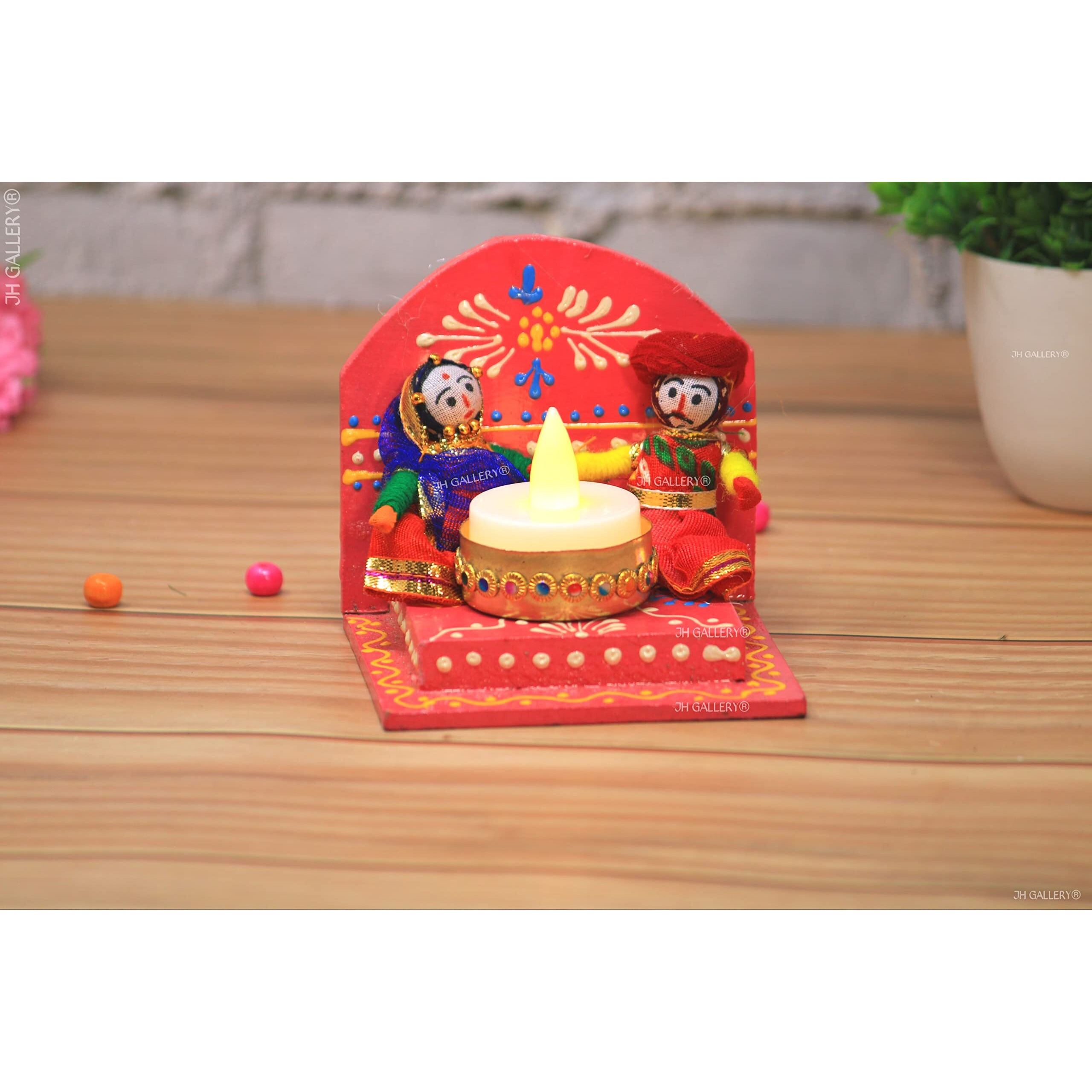 JH Gallery Recycled Material Rajasthani Raja Rani Puppet/Dolls Decorative Wooden Based Tealight Candle Holder (Pack of 2)