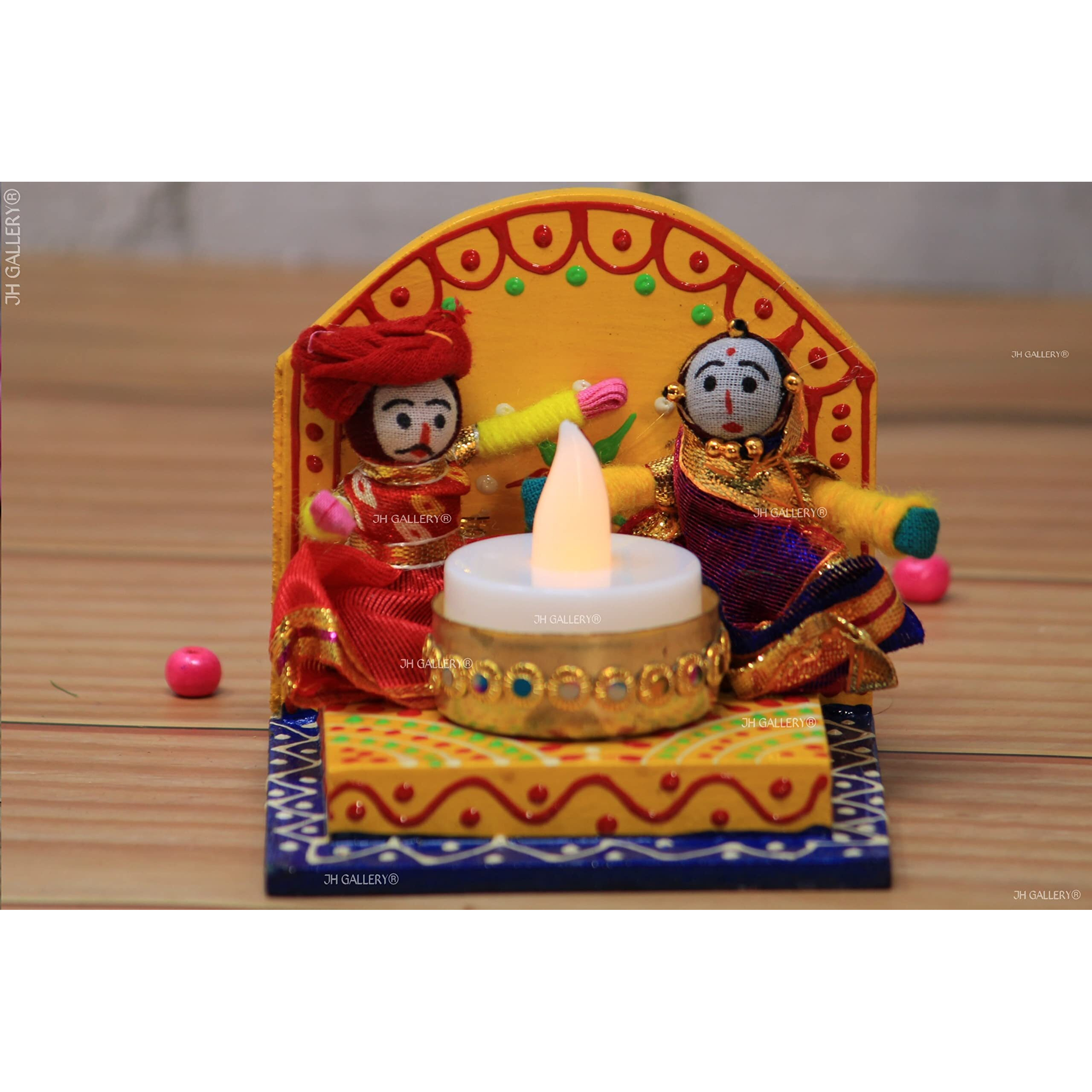 JH Gallery Recycled Material Rajasthani Raja Rani Puppet/Dolls Decorative Wooden Based Tealight Candle Holder (Pack of 2)