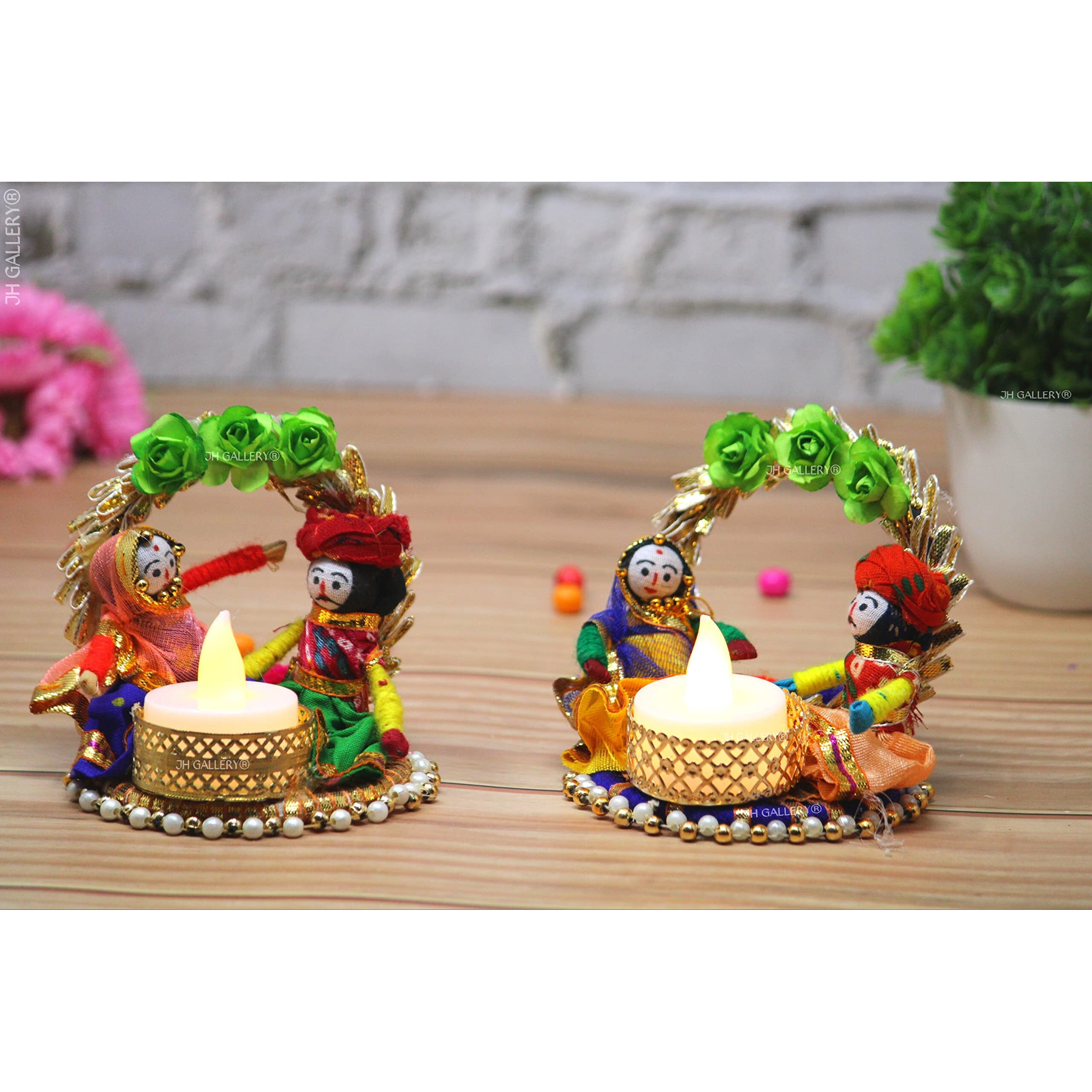 JH Gallery Recycled Material Rajasthani Raja Rani Puppet/Dolls Decorative Tealight Candle Holder (Pack of 2)