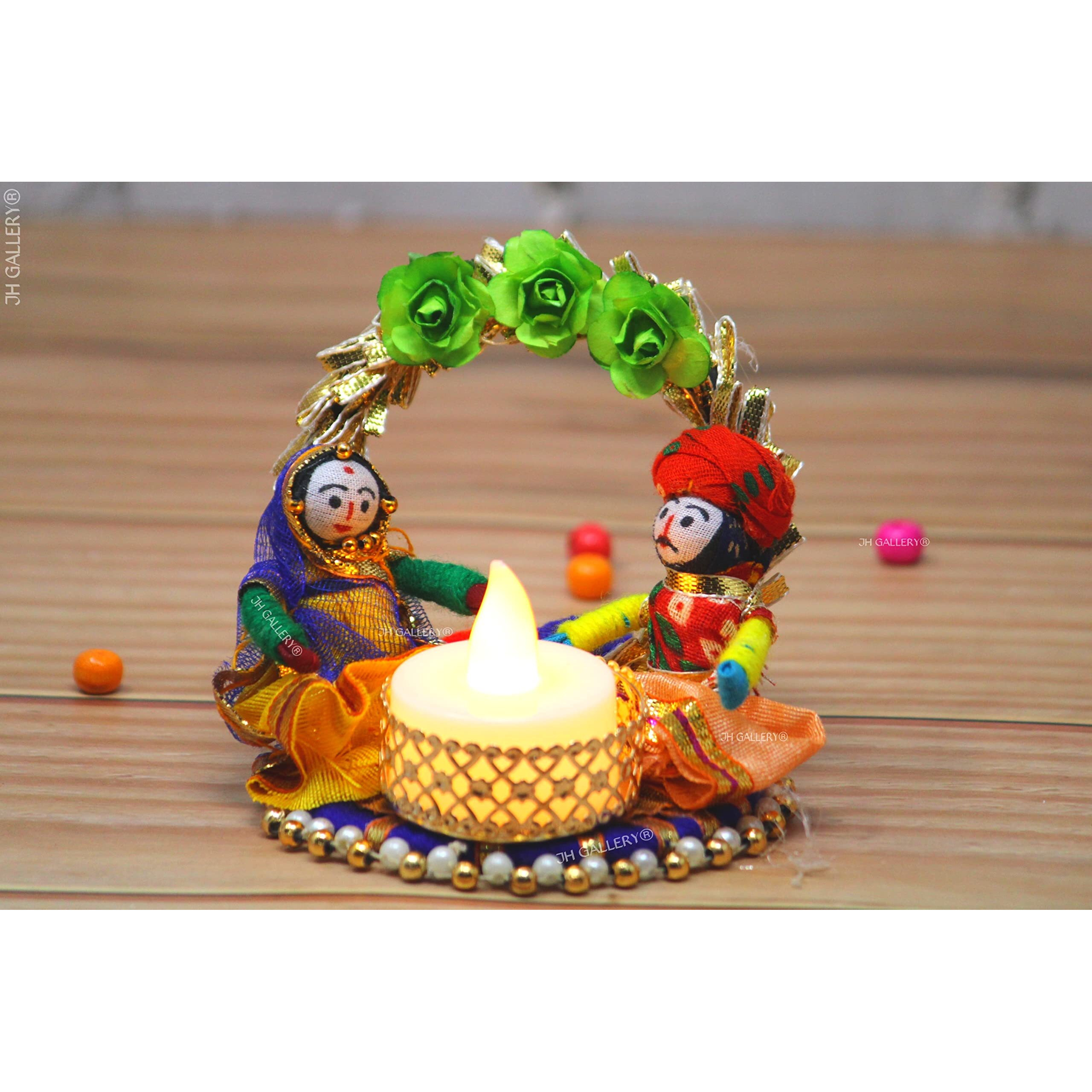 JH Gallery Recycled Material Rajasthani Raja Rani Puppet/Dolls Decorative Tealight Candle Holder (Pack of 2)