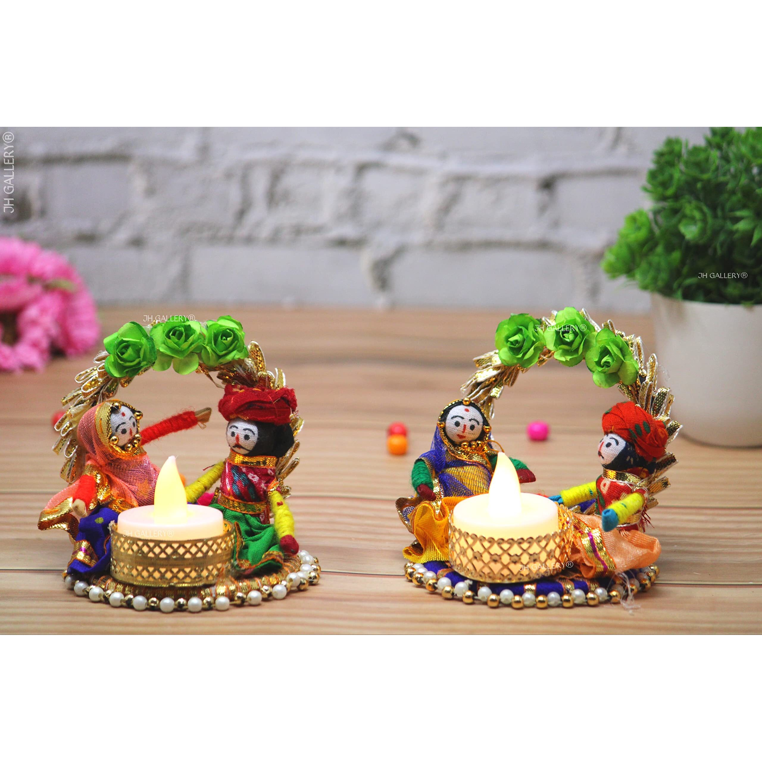 JH Gallery Recycled Material Rajasthani Raja Rani Puppet/Dolls Decorative Tealight Candle Holder (Pack of 2)