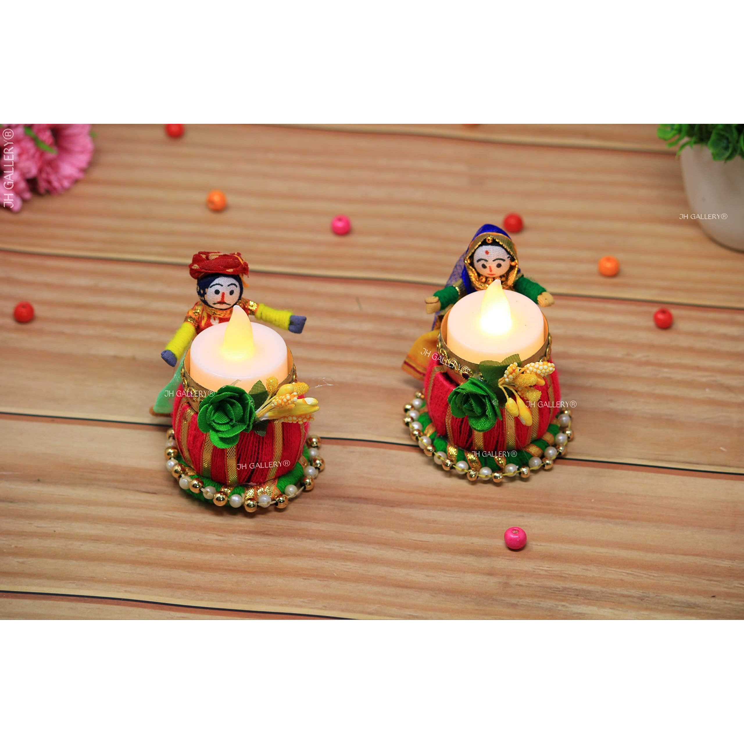 JH Gallery Recycled Material Rajasthani Raja Rani Puppet/Dolls Decorative Tealight Candle Holder (Pack of 2)