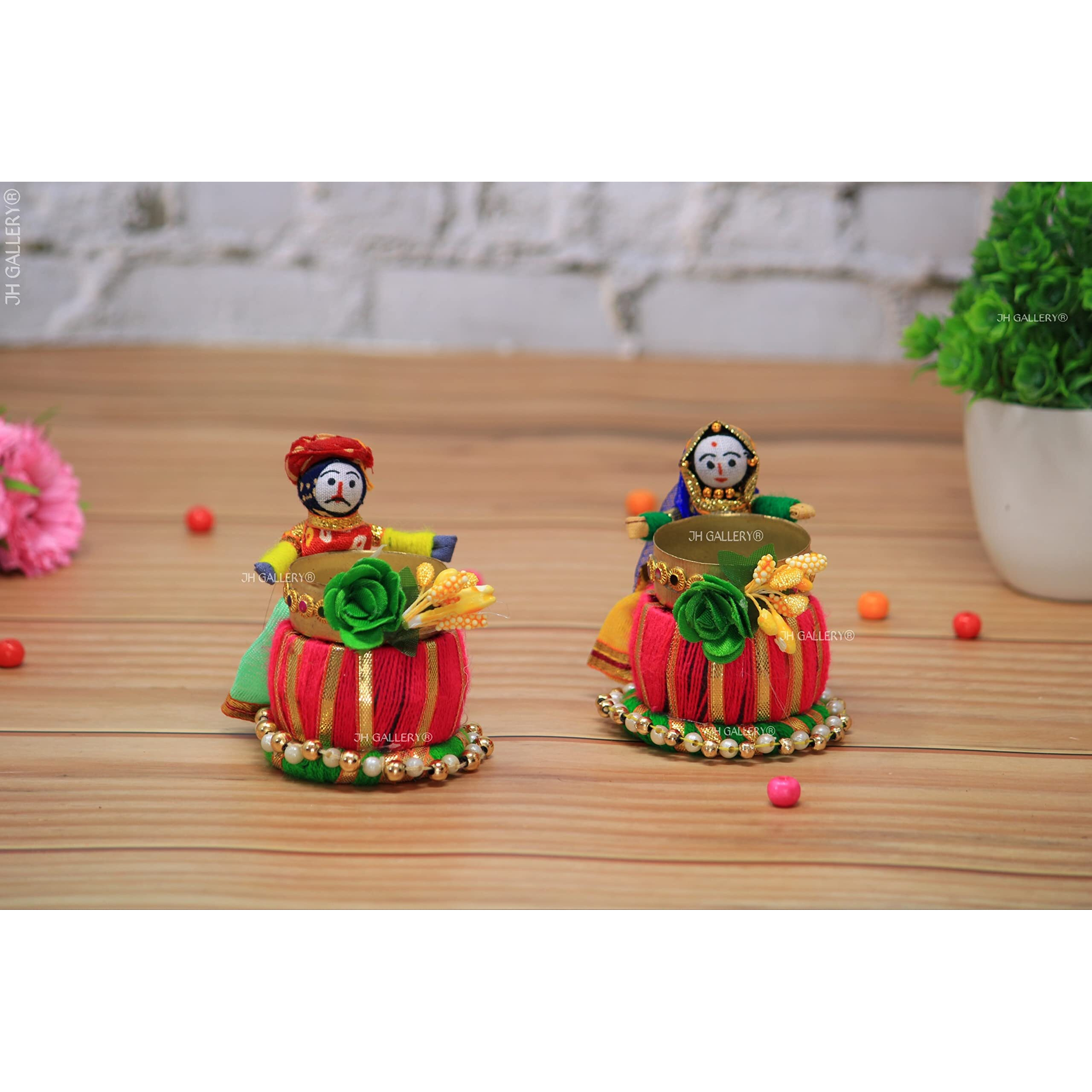 JH Gallery Recycled Material Rajasthani Raja Rani Puppet/Dolls Decorative Tealight Candle Holder (Pack of 2)