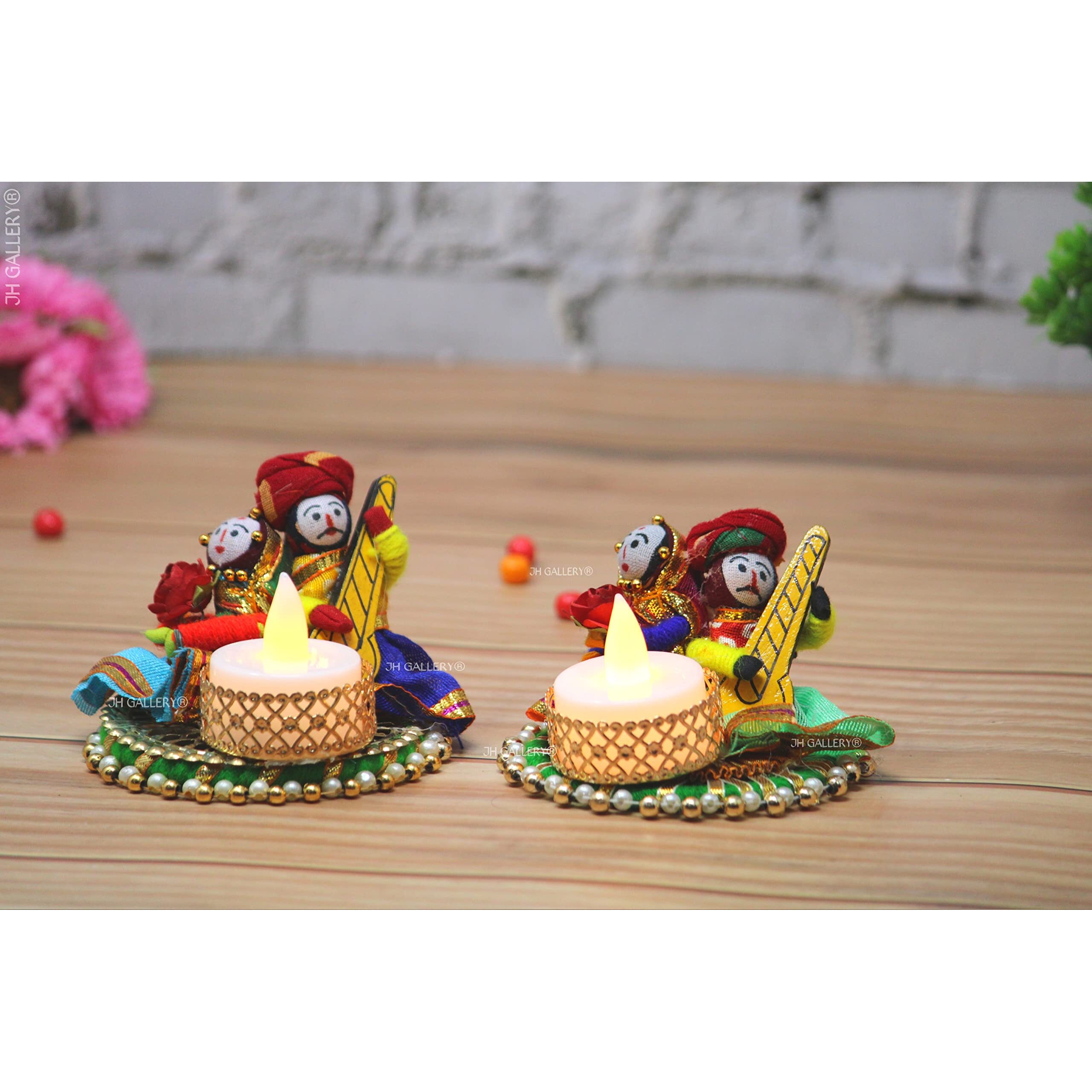 JH Gallery Recycled Material Rajasthani Raja Rani Puppet/Dolls Decorative Tealight Candle Holder (Pack of 2)