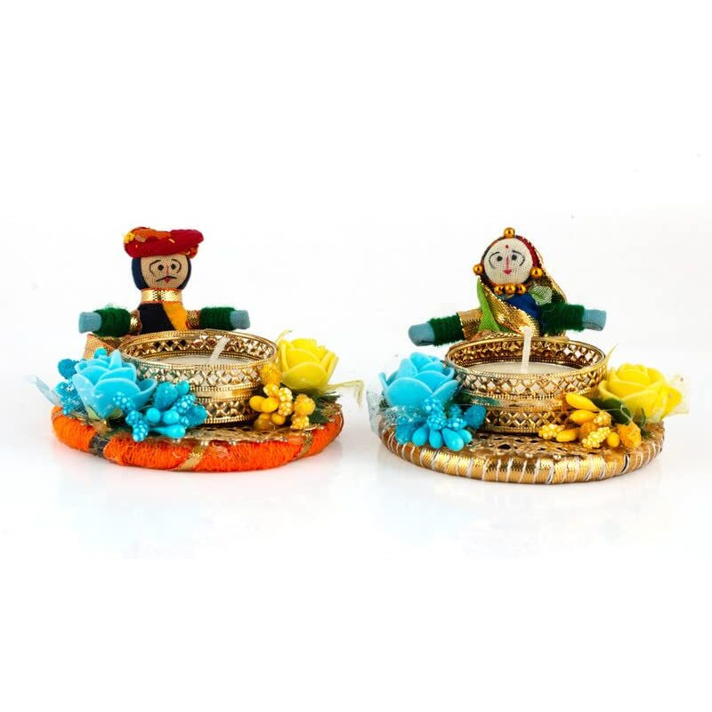 JH Gallery Recycled Material Rajasthani Raja Rani Puppet/Dolls Decorative Tealight Candle Holder (1 Pair)