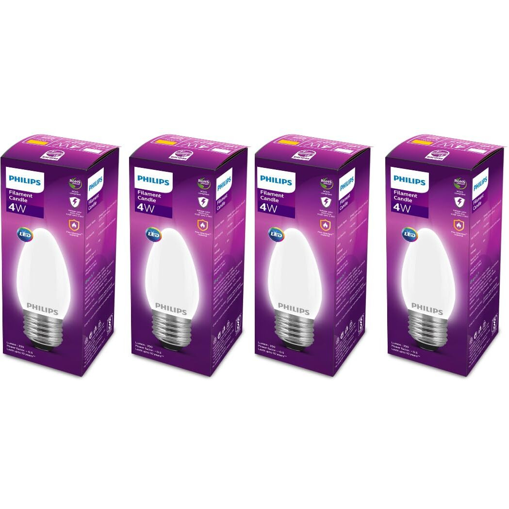 PHILIPS 4-watt Filament Candle LED Bulb | Diffused Candle Bulb for Home & Decoration | Bulb Base E27, Warm White | Pack of 4