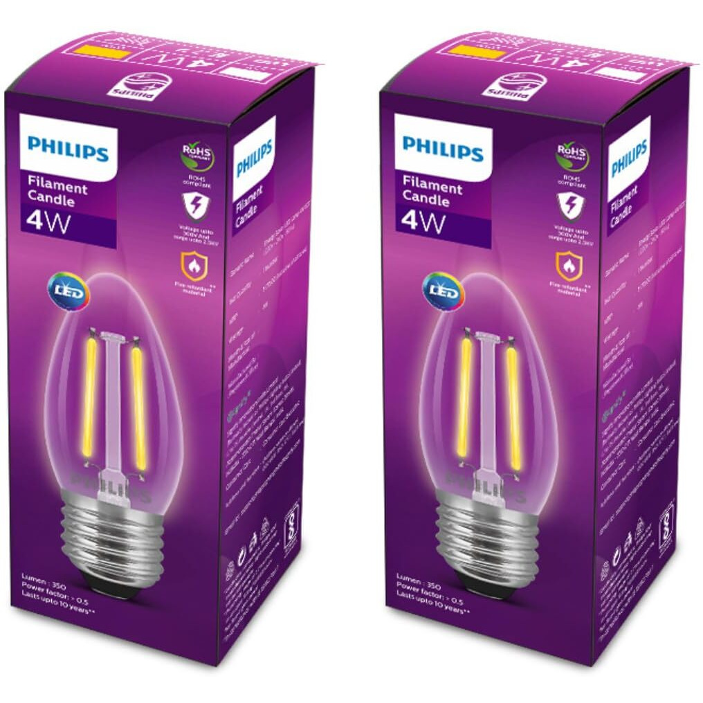 PHILIPS 4-watt Filament Candle LED Bulb | Clear Candle Bulb for Home & Decoration | Bulb Base E27, Cool White | Pack of 2