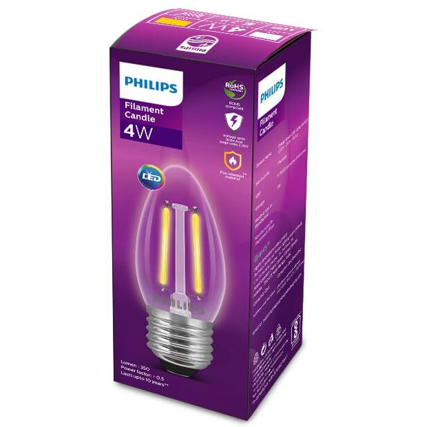 PHILIPS 4-watt Filament Candle LED Bulb | Clear Candle Bulb for Home & Decoration | Bulb Base E27, Cool White | Pack of 2