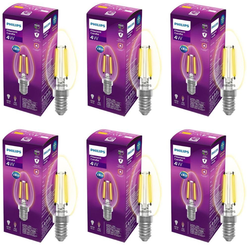 PHILIPS 4-watt Filament Candle LED Bulb | Clear Candle Bulb for Home & Decoration | Bulb Base E14, Cool White | Pack of 6