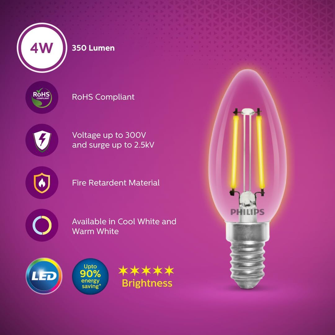 PHILIPS 4-watt Filament Candle LED Bulb | Clear Candle Bulb for Home & Decoration | Bulb Base E14, Cool White | Pack of 6