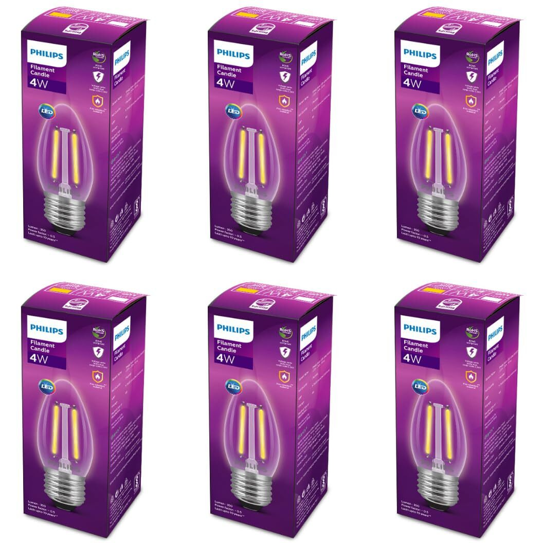 PHILIPS 4-watt Filament Candle LED Bulb | Clear Candle Bulb for Home & Decoration | Bulb Base E27, Cool White | Pack of 6