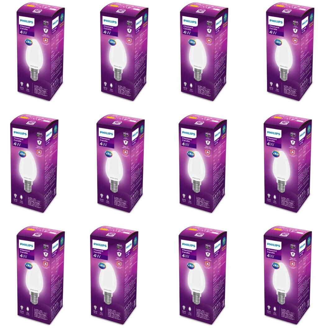 PHILIPS 4-watt Filament Candle LED Bulb | Diffused Candle Bulb For Home & Decoration | Bulb Base E14, Warm White | Pack of 12