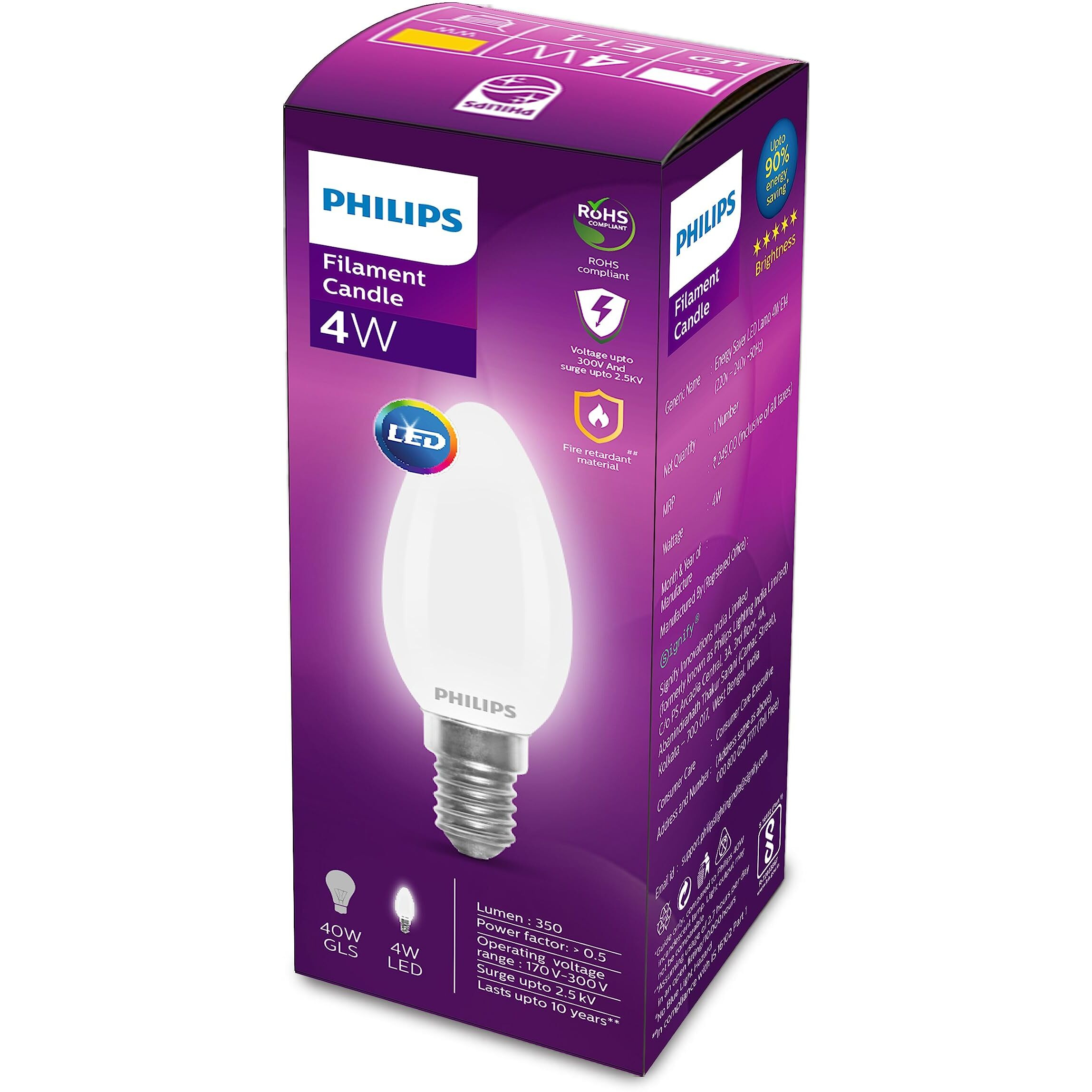 PHILIPS 4-watt Filament Candle LED Bulb | Diffused Candle Bulb For Home & Decoration | Bulb Base E14, Warm White | Pack of 12