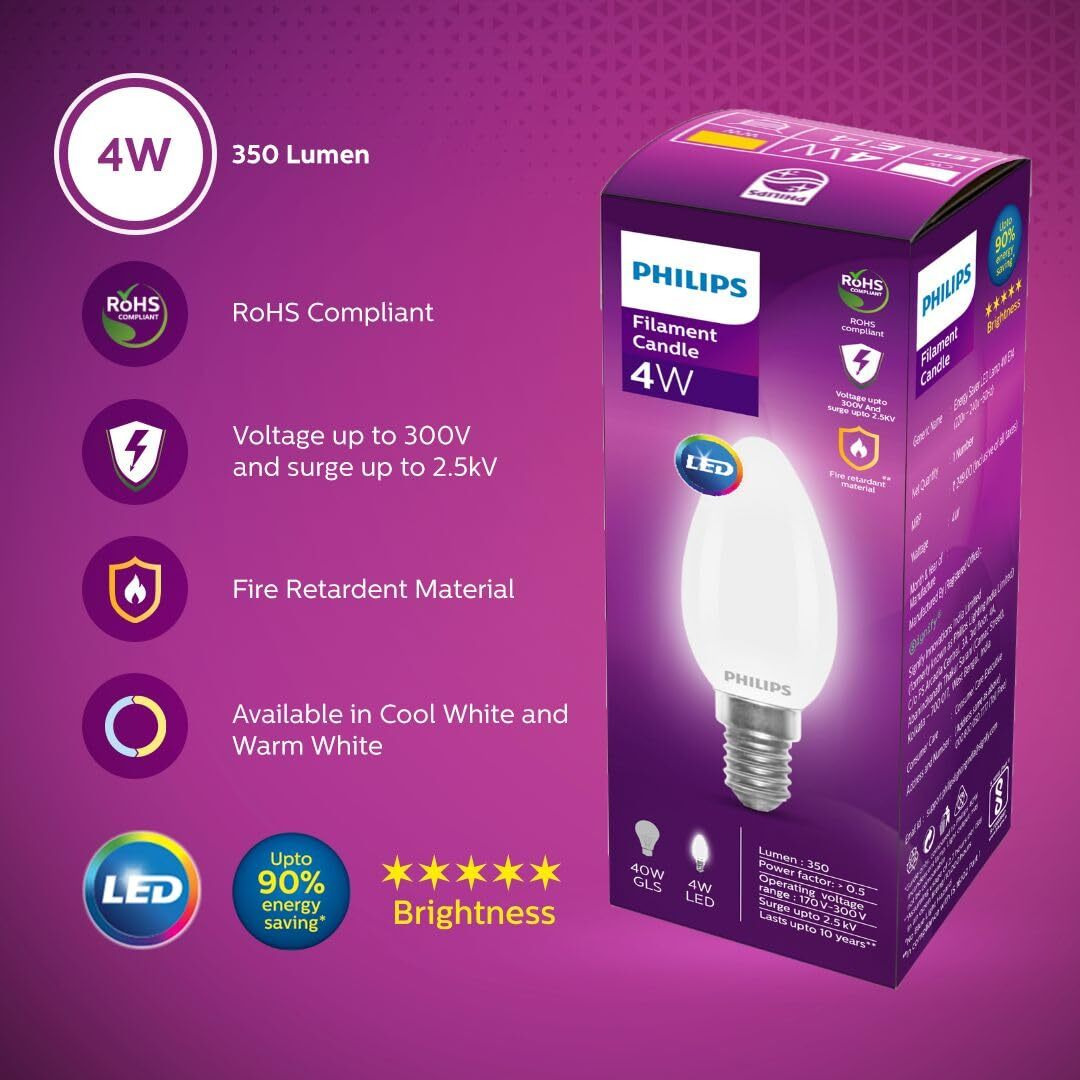 PHILIPS 4-watt Filament Candle LED Bulb | Diffused Candle Bulb For Home & Decoration | Bulb Base E14, Warm White | Pack of 12