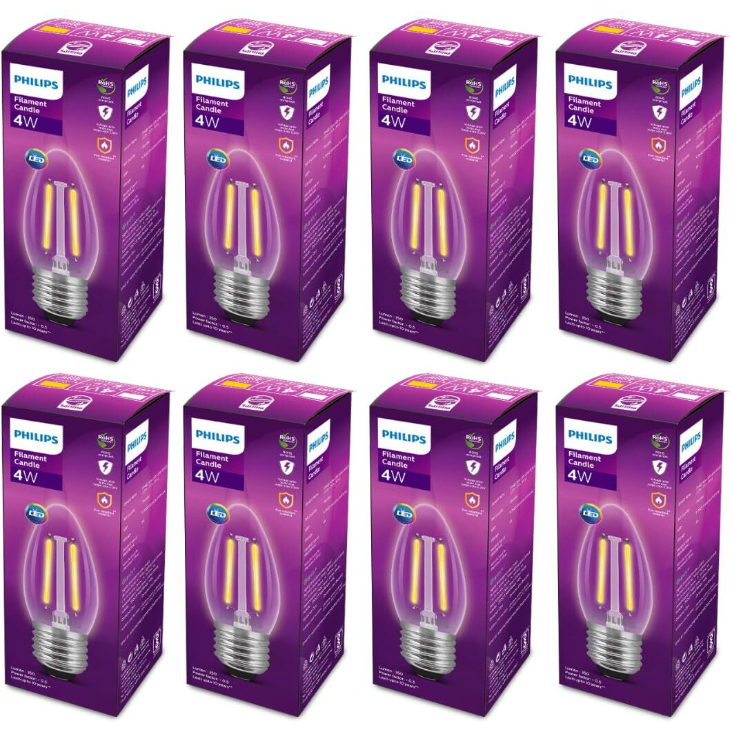 PHILIPS 4-watt Filament Candle LED Bulb | Clear Candle Bulb for Home & Decoration | Bulb Base E27, Cool White | Pack of 8